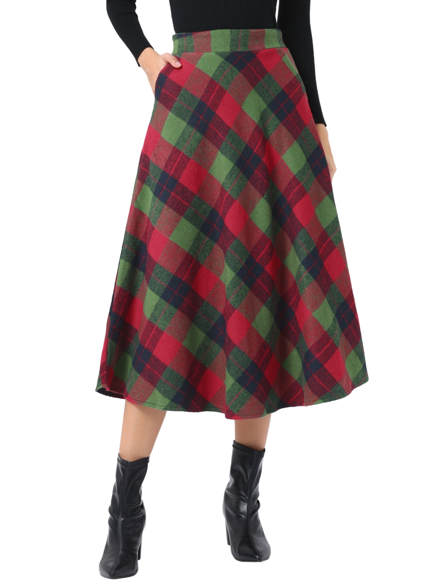 DARING DIVA Women's Vintage Plaid A-Line Work Long Maxi Skirt Large Red Green