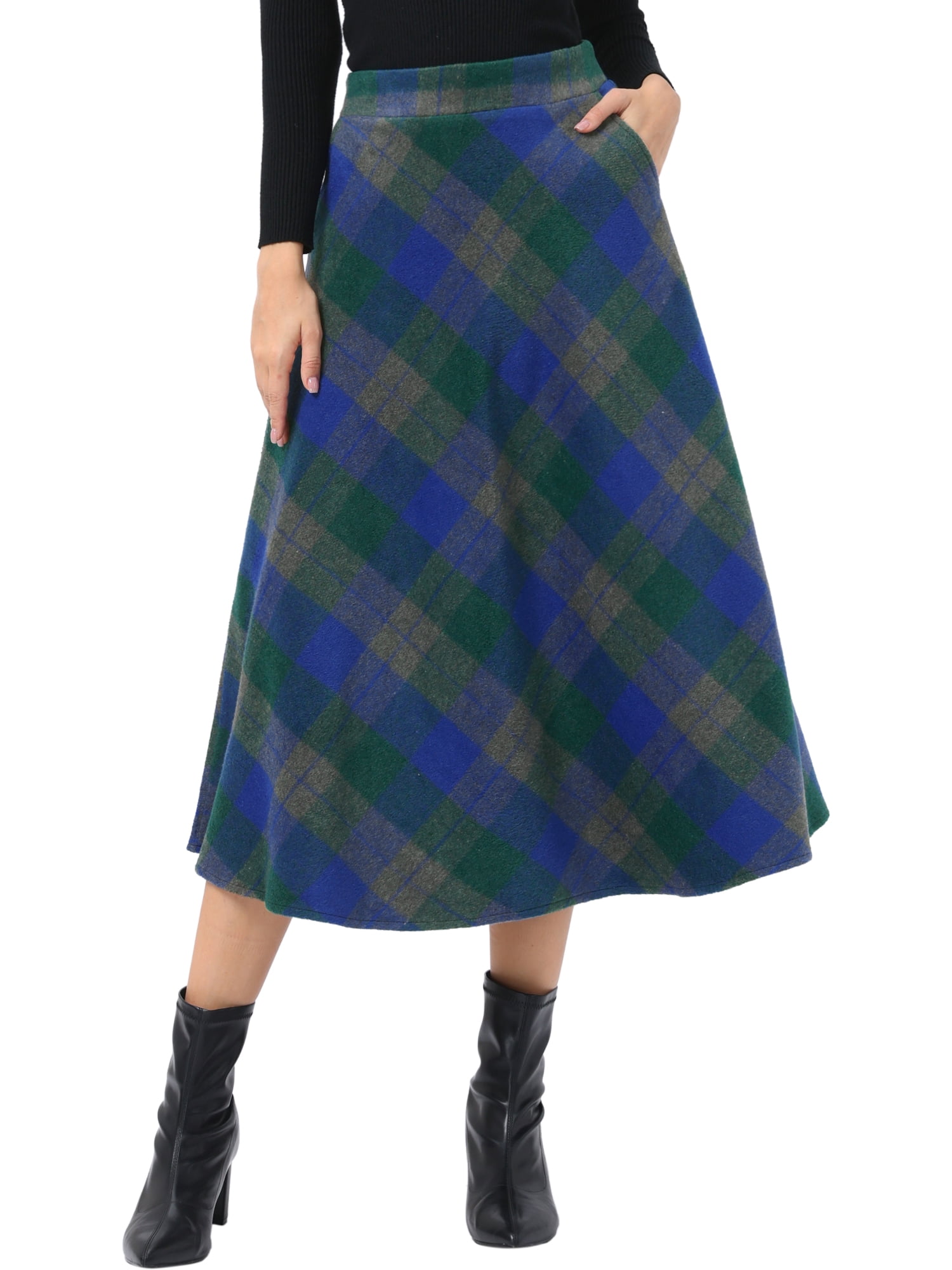 DARING DIVA Women's Vintage Plaid A-Line Work Long Maxi Skirt Small Blue