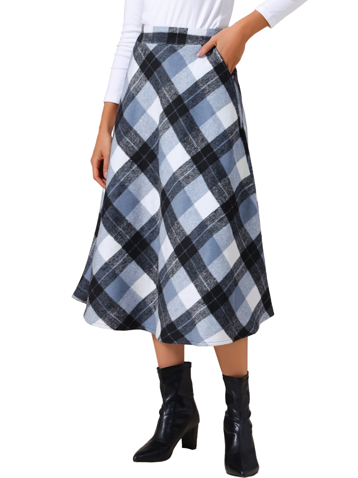 DARING DIVA Women's Vintage Plaid A-Line Work Long Maxi Skirt Small Gray Blue