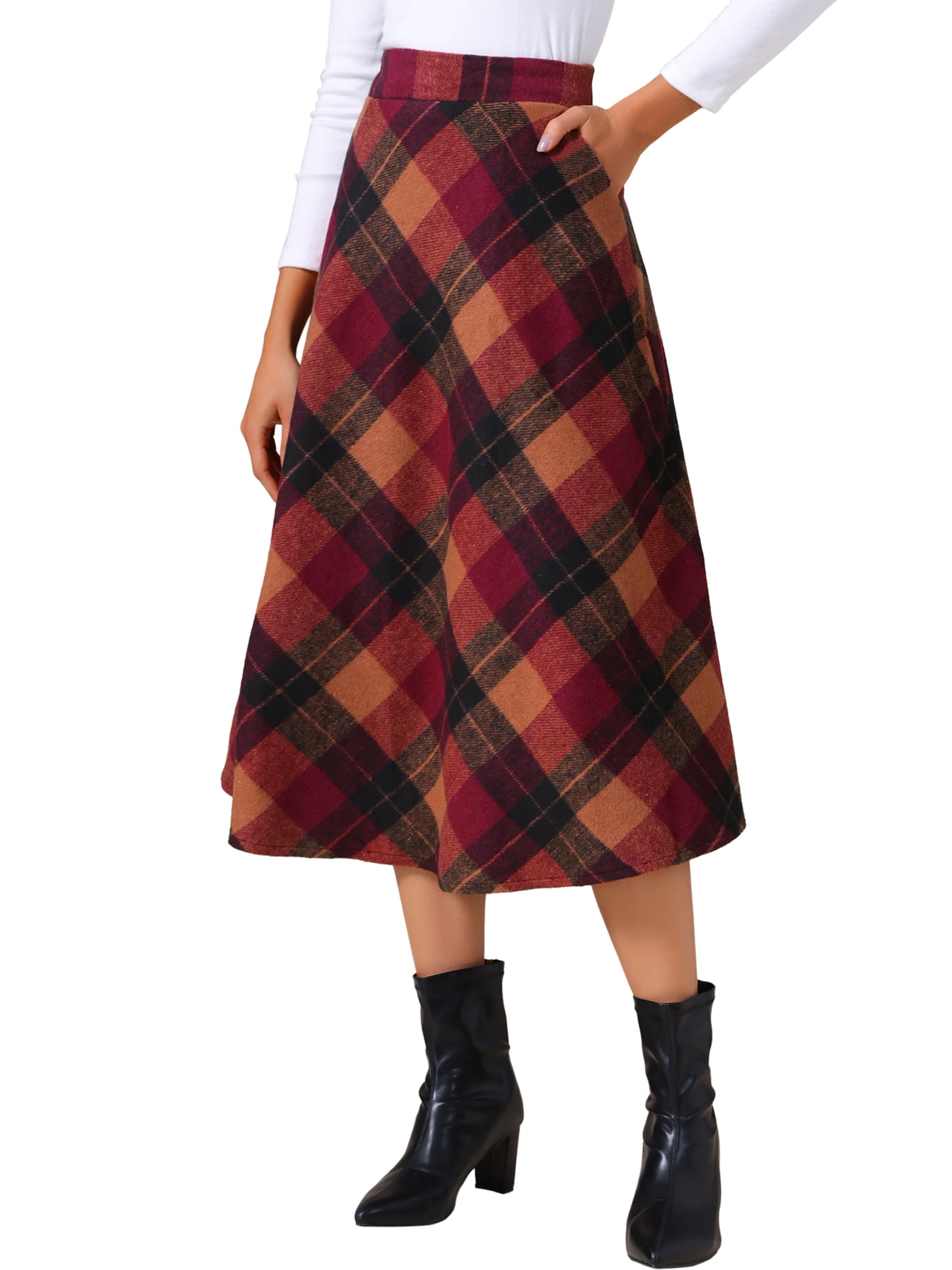 DARING DIVA Women's Vintage Plaid A-Line Work Long Maxi Skirt X-Small Brown Red