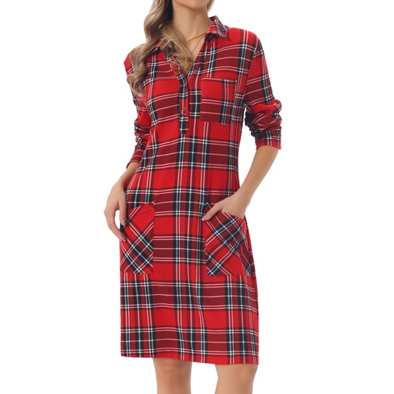 DARING DIVA Women's Vintage Plaid Long Sleeve Casual Knee Length Dress M Red