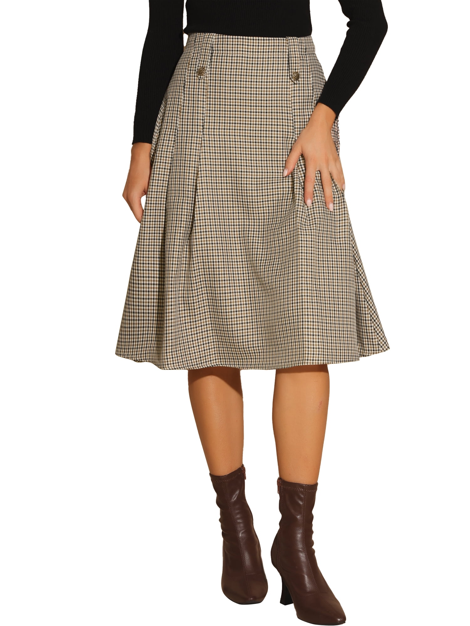 DARING DIVA Women's Vintage Plaid Pleated A-Line Midi Skirt S Brown