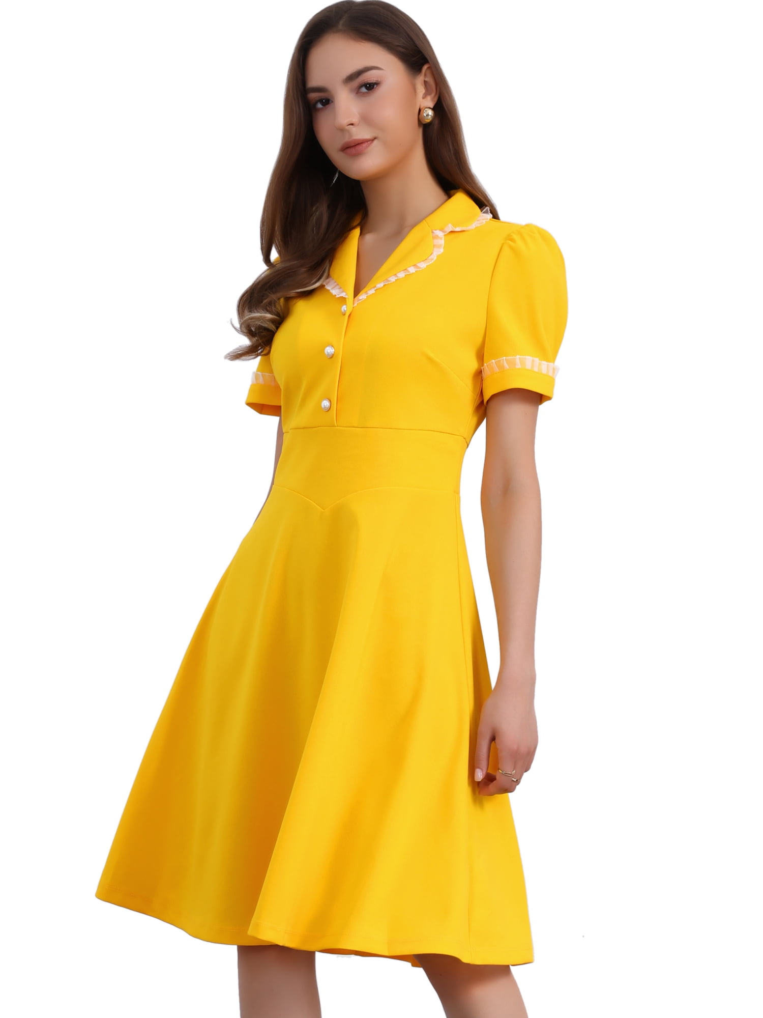 DARING DIVA Women's Vintage Puff Sleeve Peter Pan Collar Dress XL Yellow