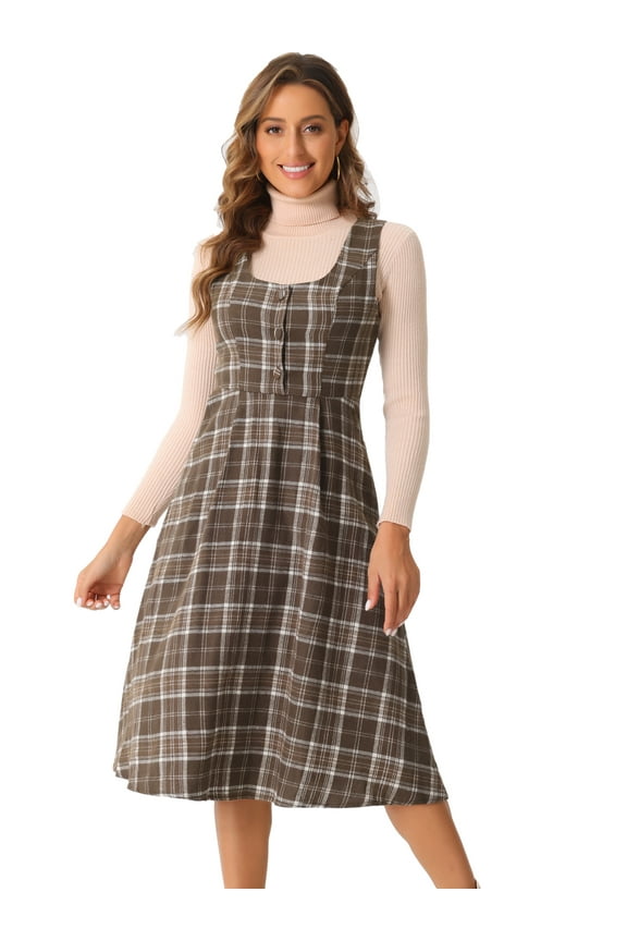 Women's Vintage Sleeveless A Line Midi Pinafore Dress XS Brown