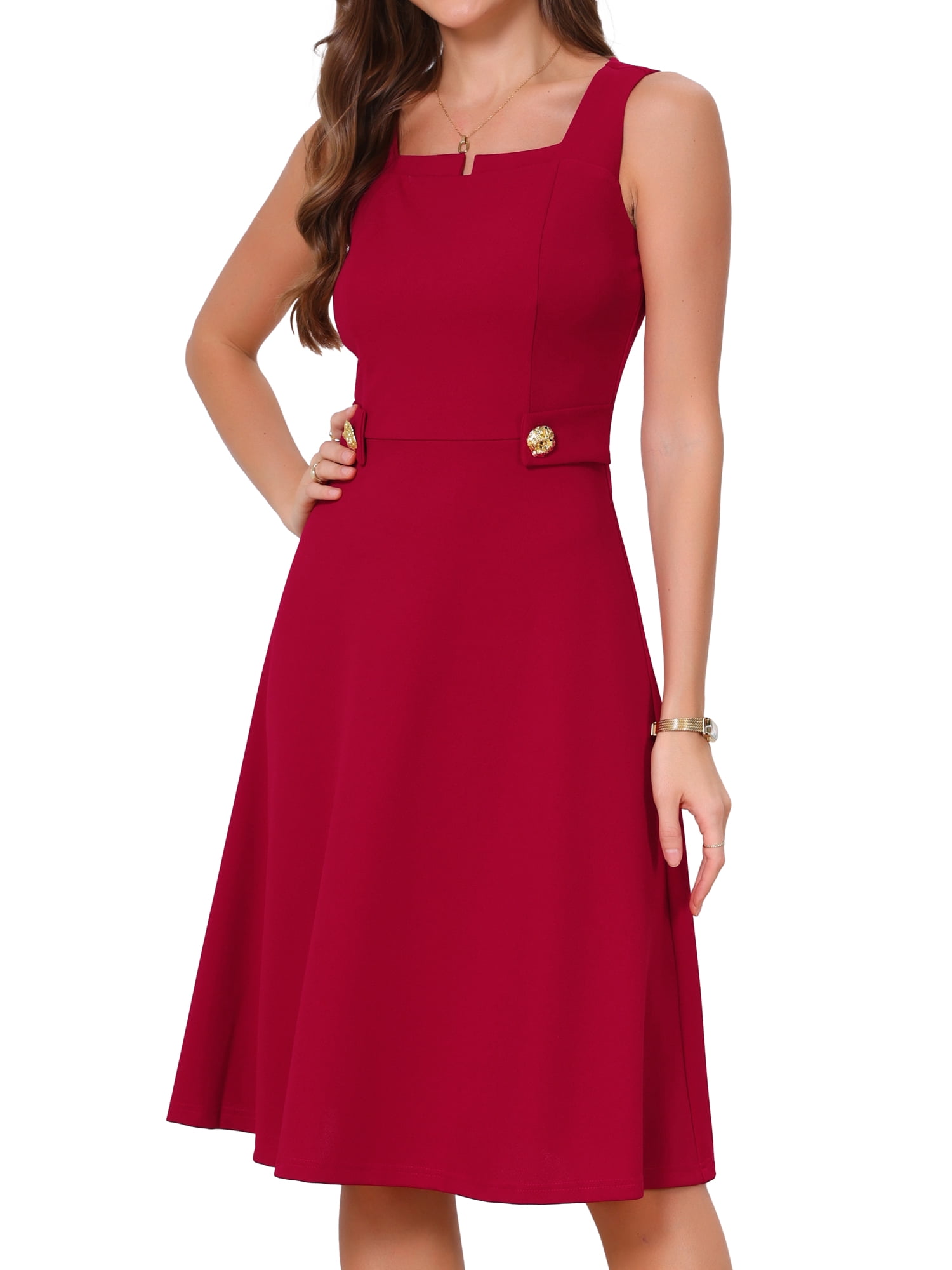 DARING DIVA Women's Vintage Sleeveless Regular Square Neck Midi Dress M Dark Red