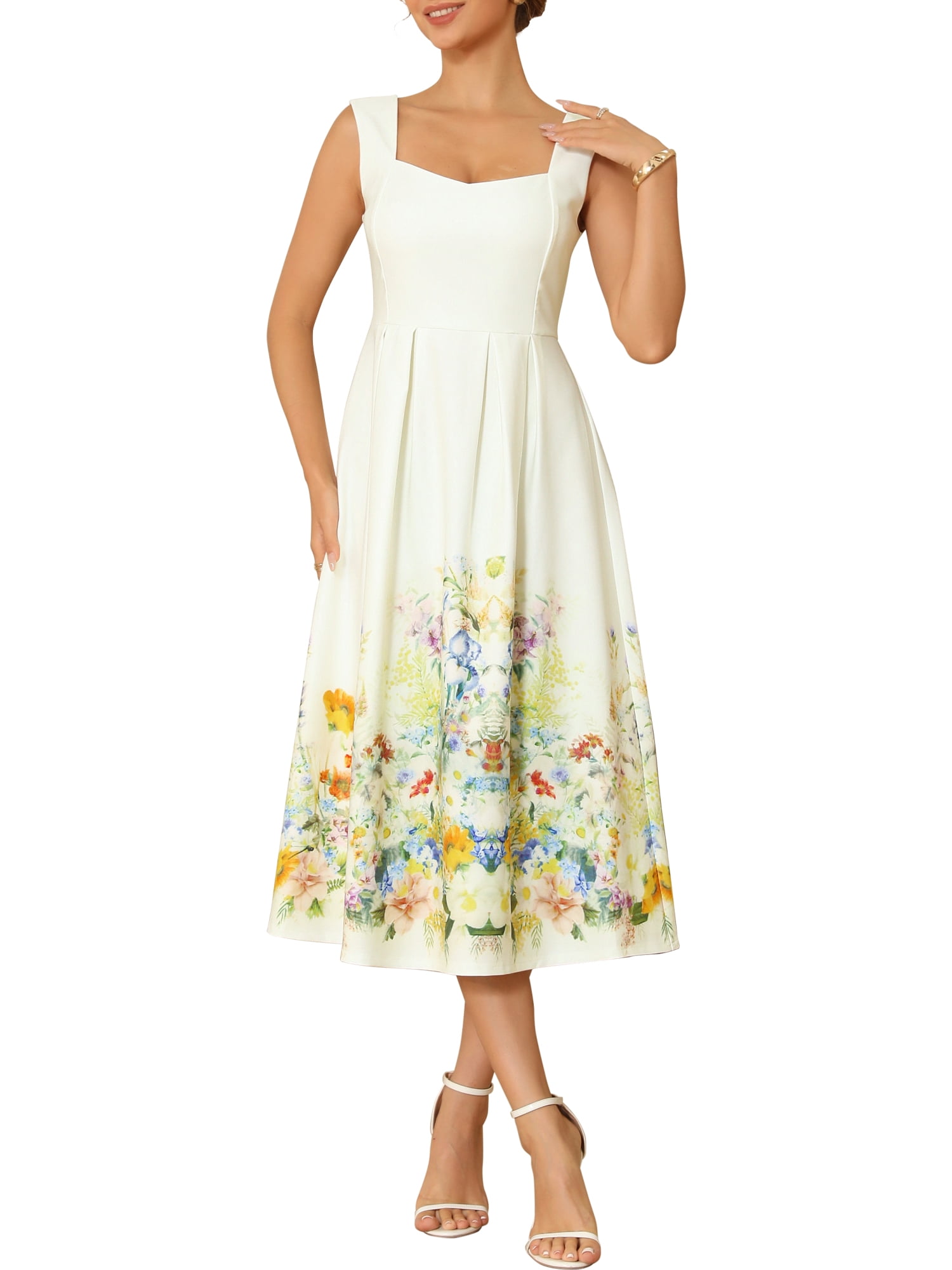 DARING DIVA Women's Vintage Sleeveless Regular Square Neck Midi Floral Dresses M Beige