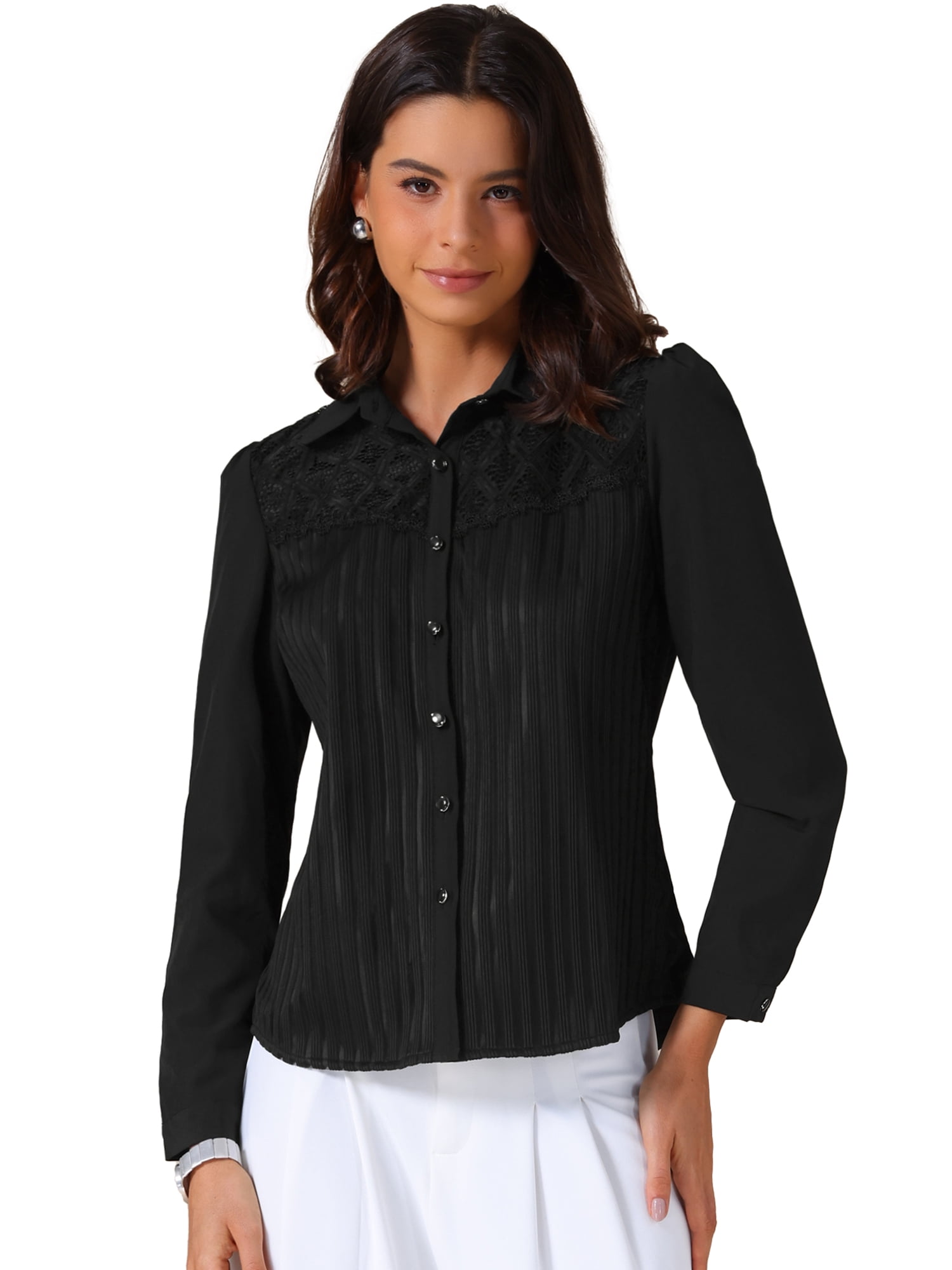 DARING DIVA Women's Vintage Striped Lace Panel Button Down Long Sleeve Top XL Black