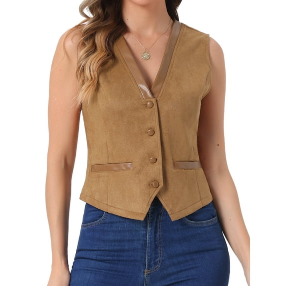 DARING DIVA Women's Vintage Suit Waistcoat V Neck Faux Suede Jacket Vest L Light Brown