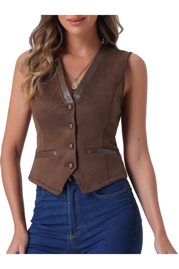 Women's Vintage V Neck Faux Suede Button Down Sleeveless Jacket Vest M Brown