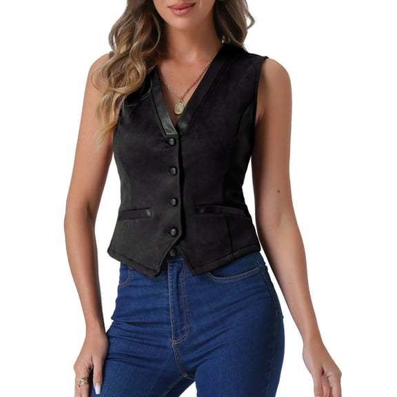 DARING DIVA Women's Vintage Suit Waistcoat V Neck Faux Suede Jacket Vest XS Black