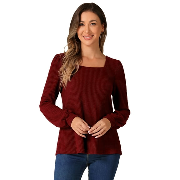 DARING DIVA Women's Vintage Sweater Puff Long Sleeve Ribbed Knit Top XS Burgundy