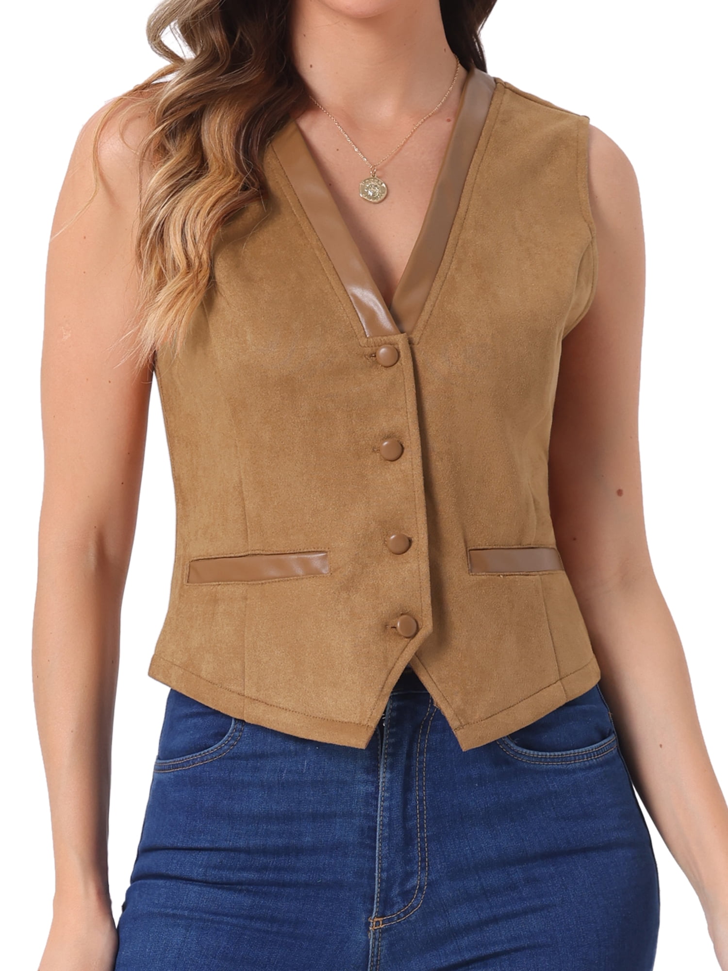 DARING DIVA Women's Vintage V Neck Faux Suede Button Down Sleeveless Jacket Vest M Light Brown