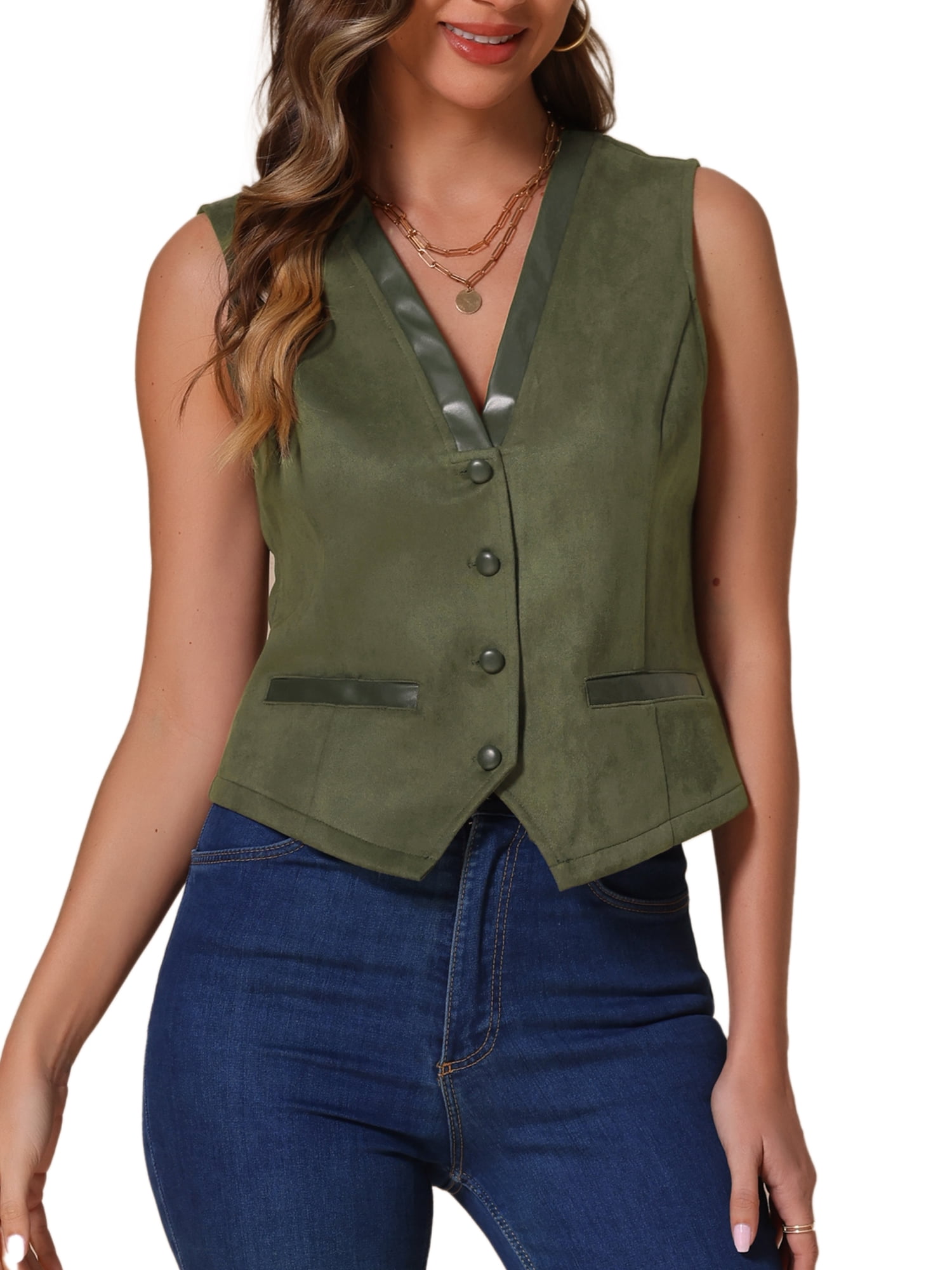 DARING DIVA Women's Vintage V Neck Faux Suede Button Down Sleeveless Jacket Vest XL Army Green