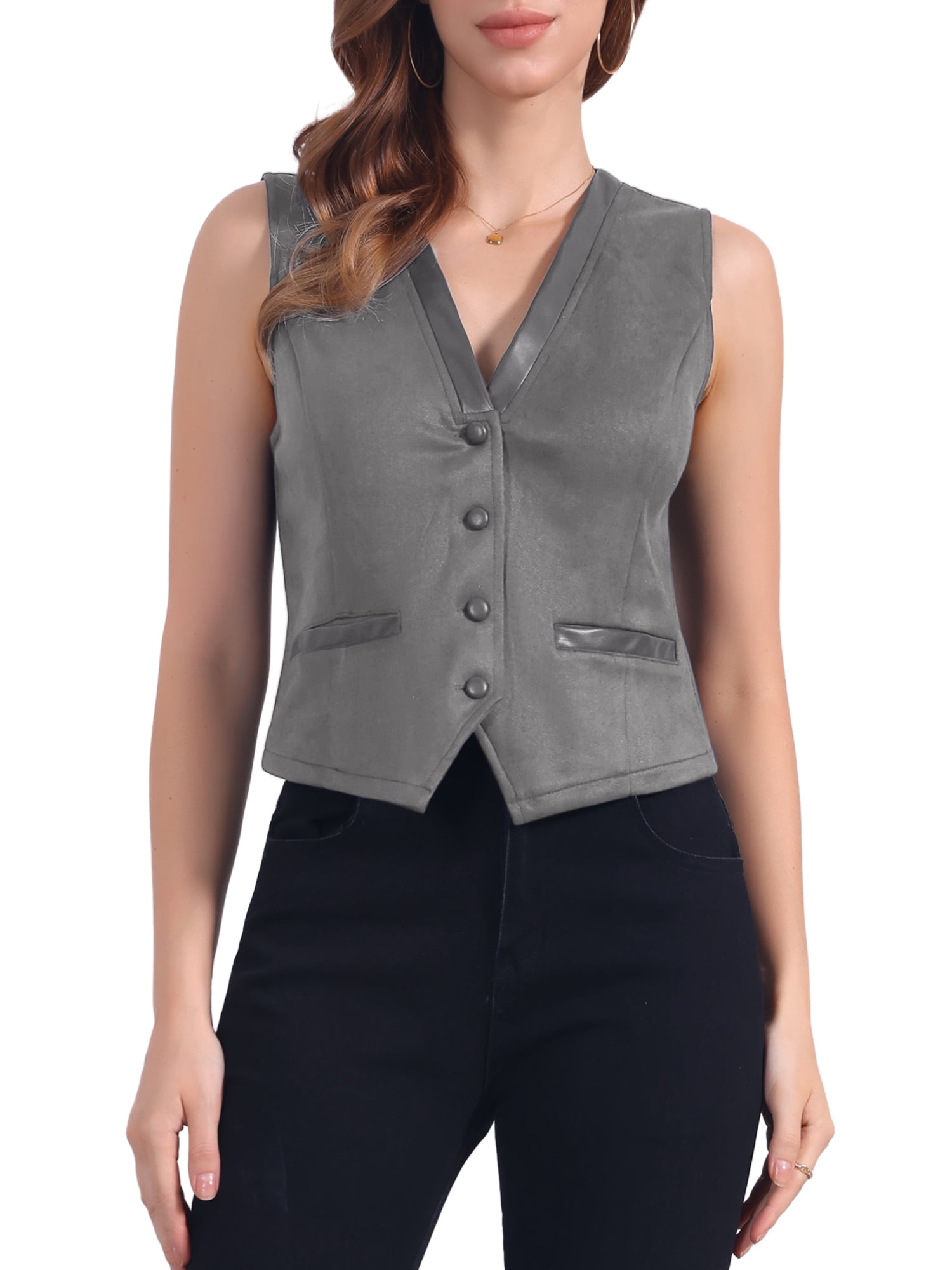 DARING DIVA Women's Vintage V Neck Faux Suede Button Down Sleeveless Jacket Vest S Gray