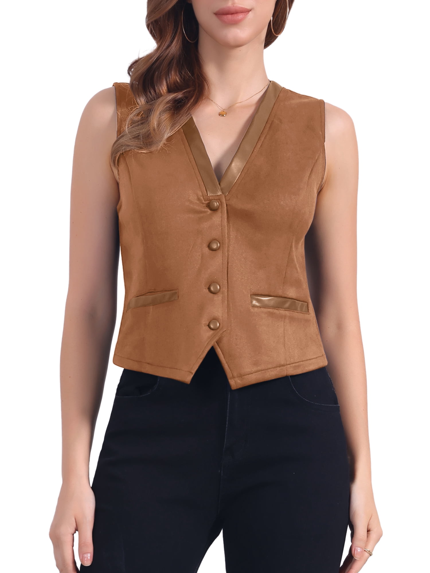 DARING DIVA Women's Vintage V Neck Faux Suede Button Down Sleeveless Jacket Vest XS Deep Brown