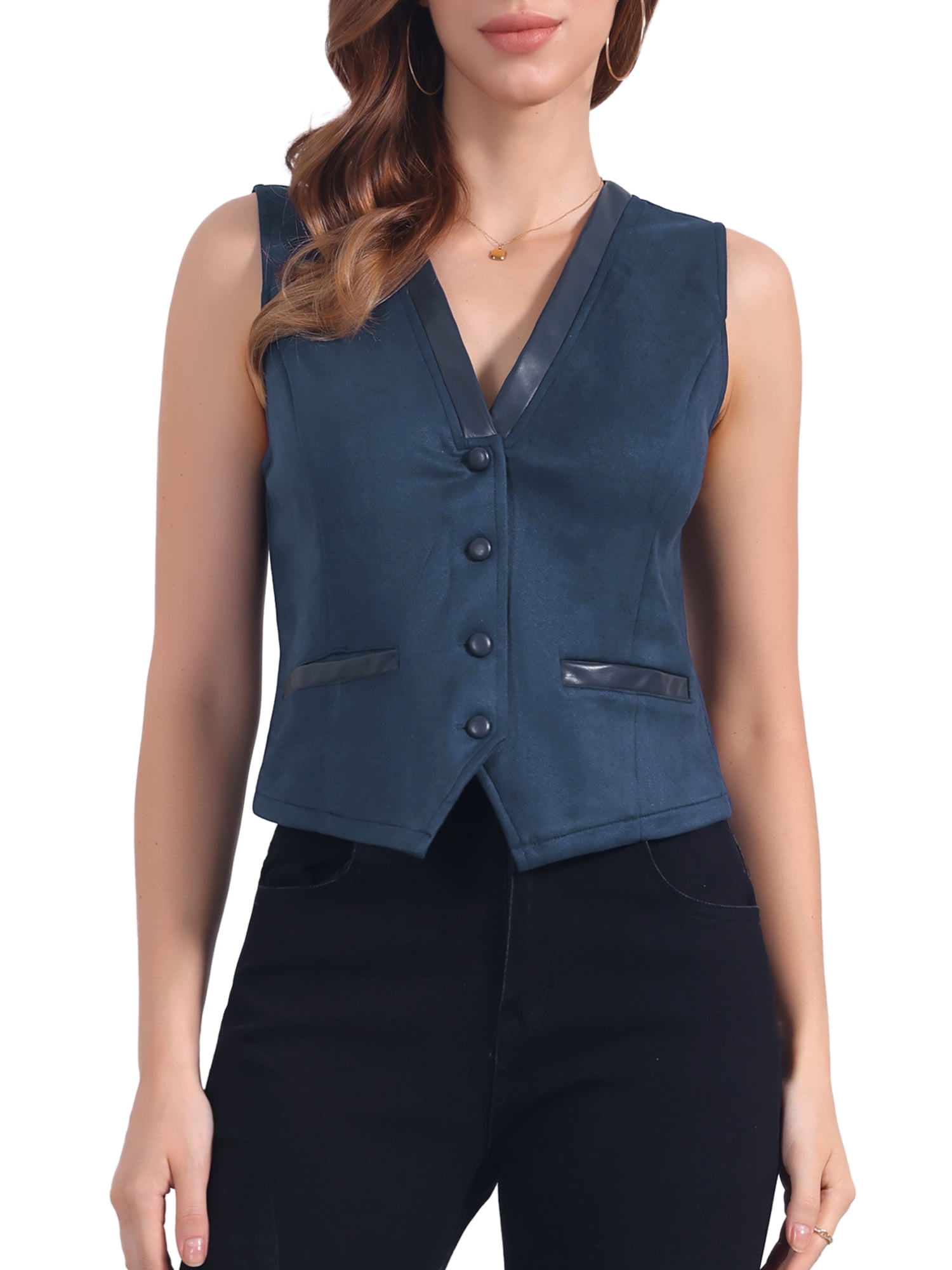 DARING DIVA Women's Vintage V Neck Faux Suede Button Down Sleeveless Jacket Vest XS Navy Blue