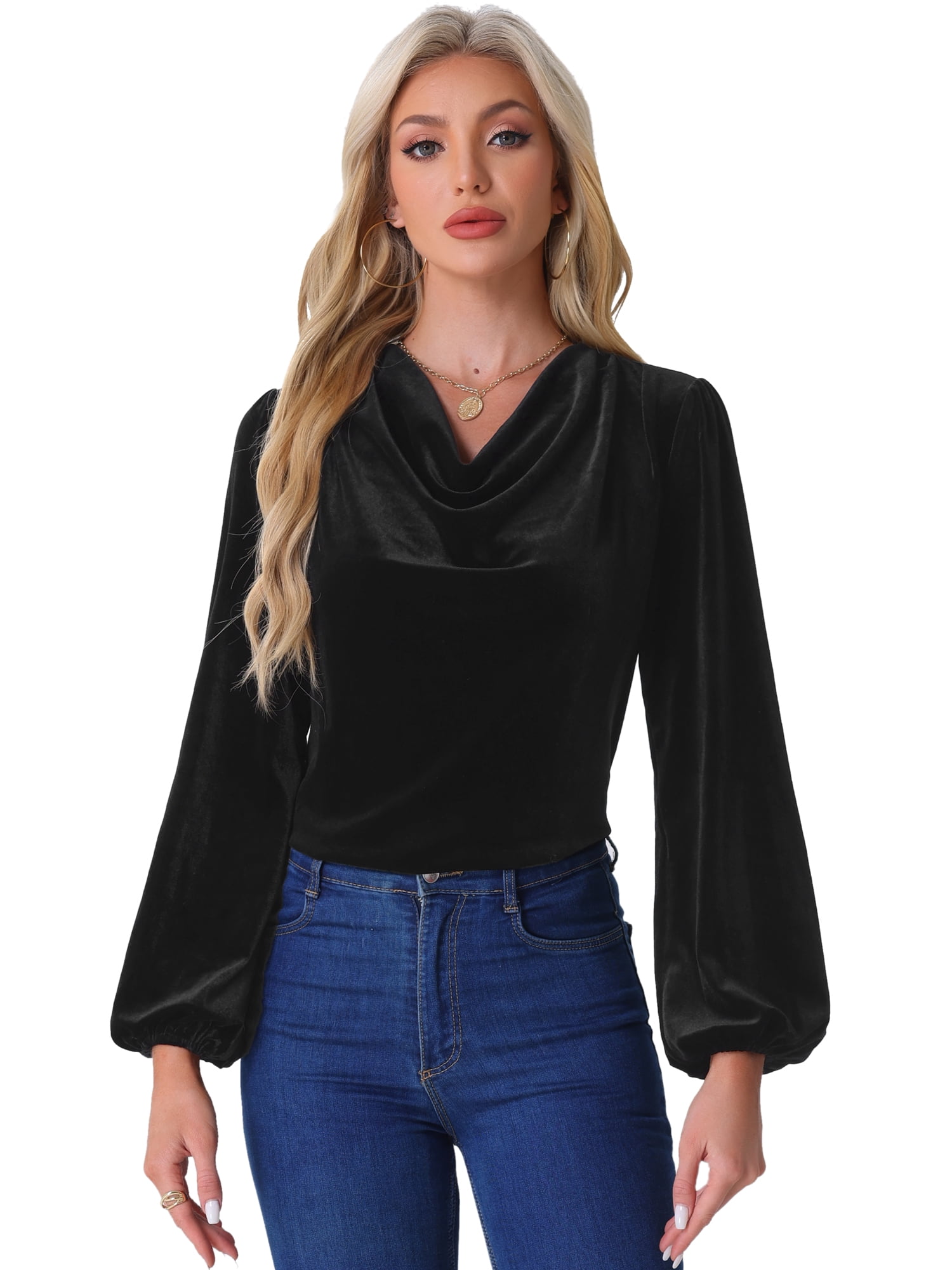 DARING DIVA Women's Vintage Velvet Cowl Neck Lantern Sleeve Blouses S Black