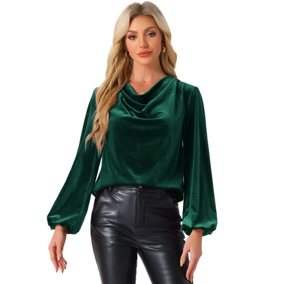 DARING DIVA Women's Vintage Velvet Cowl Neck Lantern Sleeve Blouses XS Dark Green