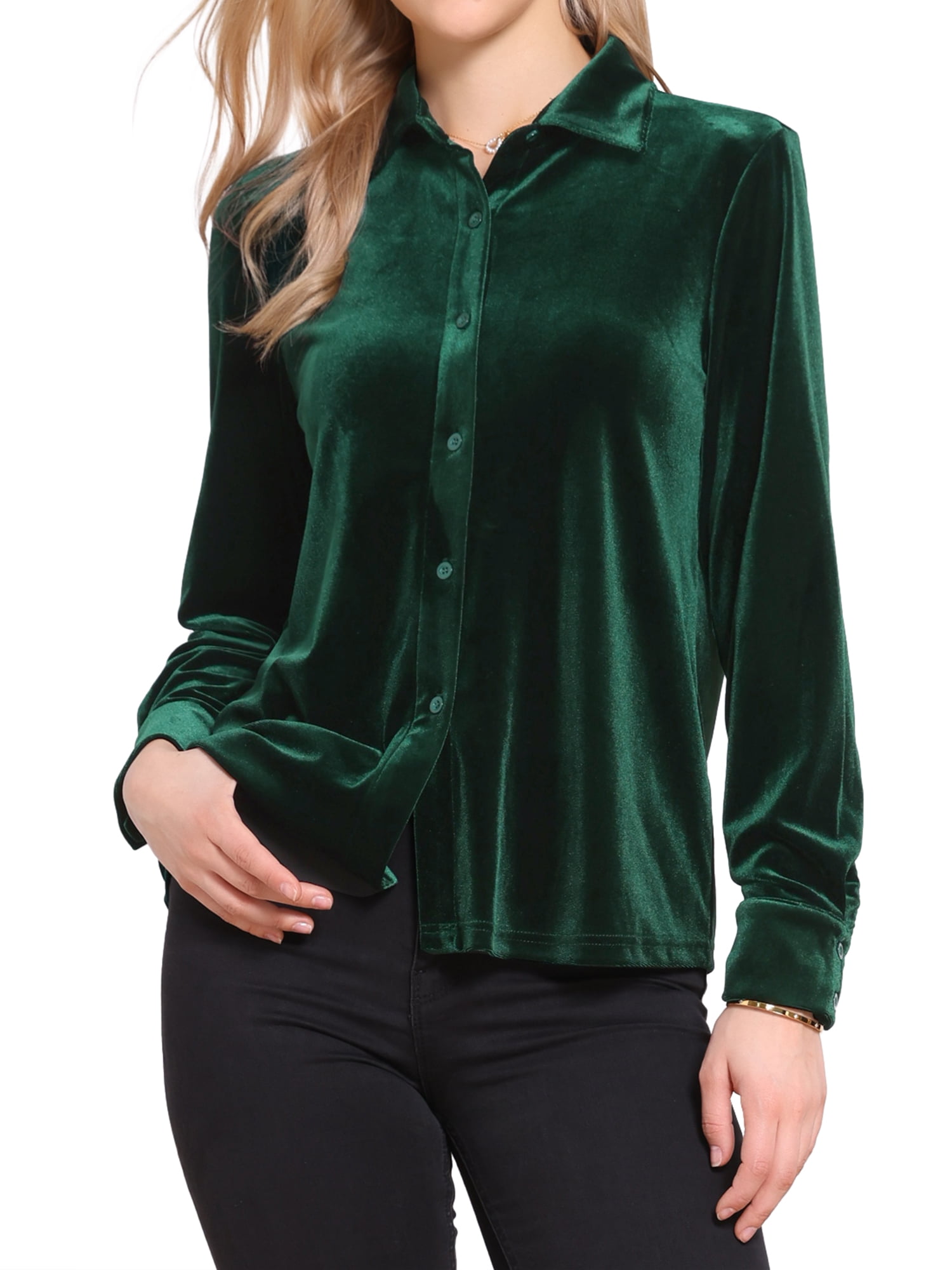DARING DIVA Women's Vintage Velvet Long Sleeve Button Down Shirt Blouse M Green