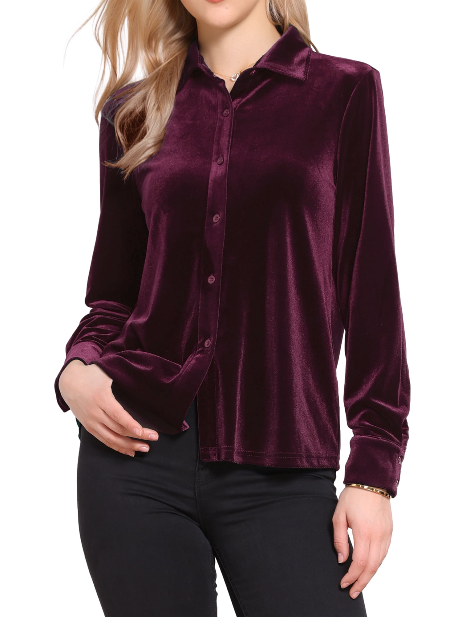 DARING DIVA Women's Vintage Velvet Long Sleeve Button Down Shirt Blouse XL Dark Red