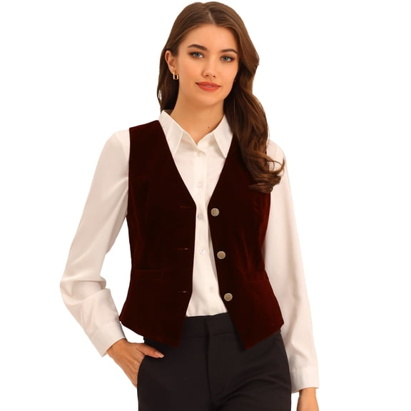 DARING DIVA Women's Vintage Velvet Vest Button Down Steampunk Waistcoat L Burgundy