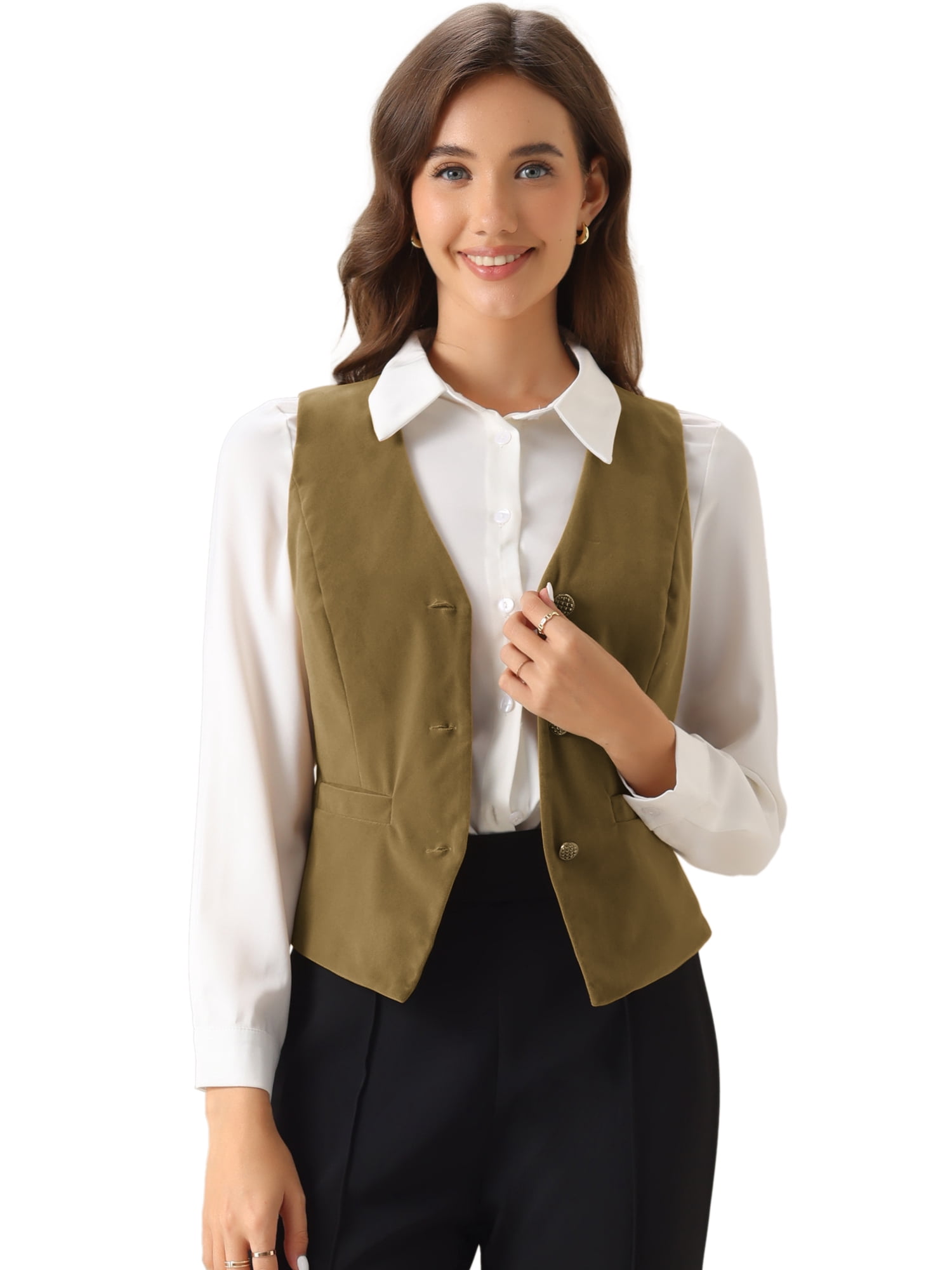 DARING DIVA Women's Vintage Velvet Vest Button Down Steampunk Waistcoat L Khaki