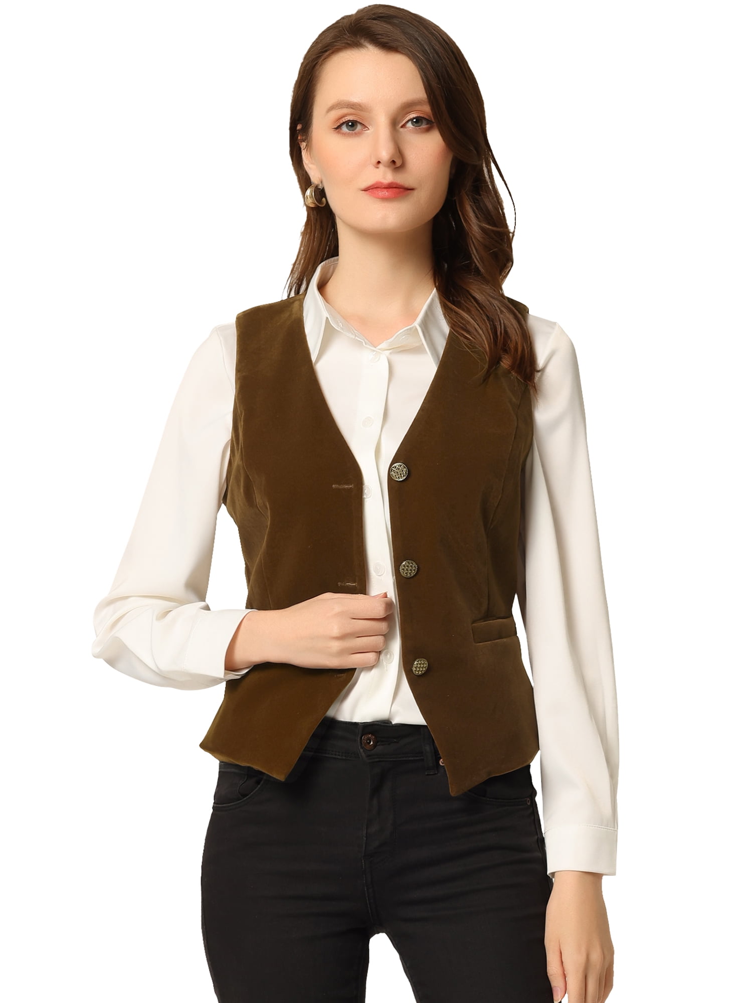 DARING DIVA Women's Vintage Velvet Vest Button Down Steampunk Waistcoat M Brown