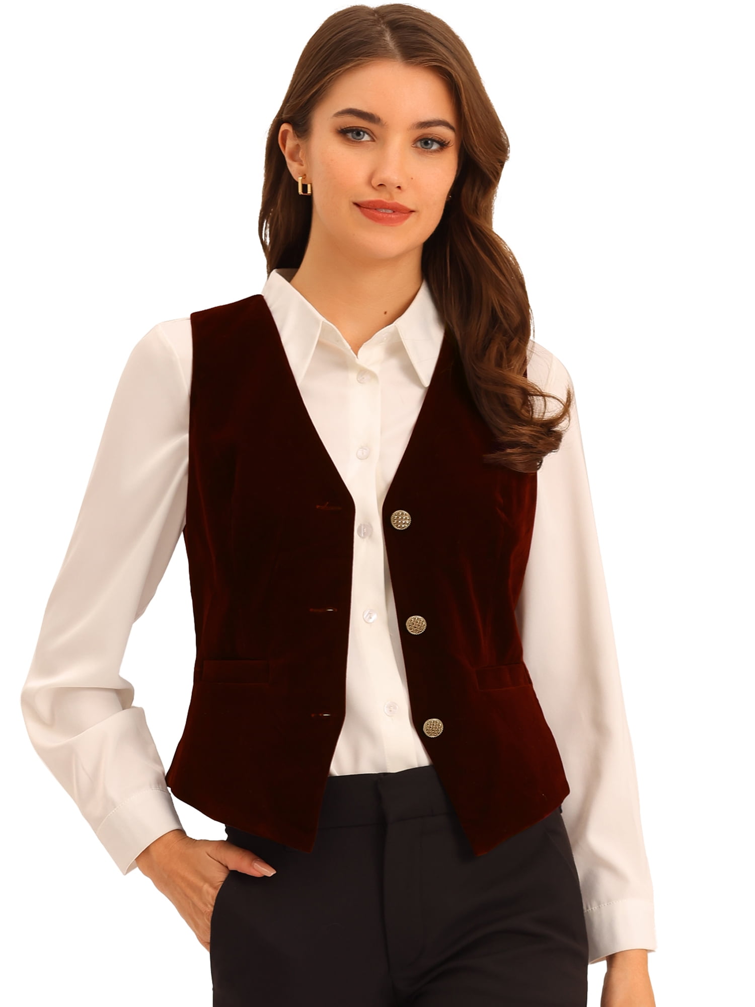 DARING DIVA Women's Vintage Velvet Vest Button Down Steampunk Waistcoat M Burgundy