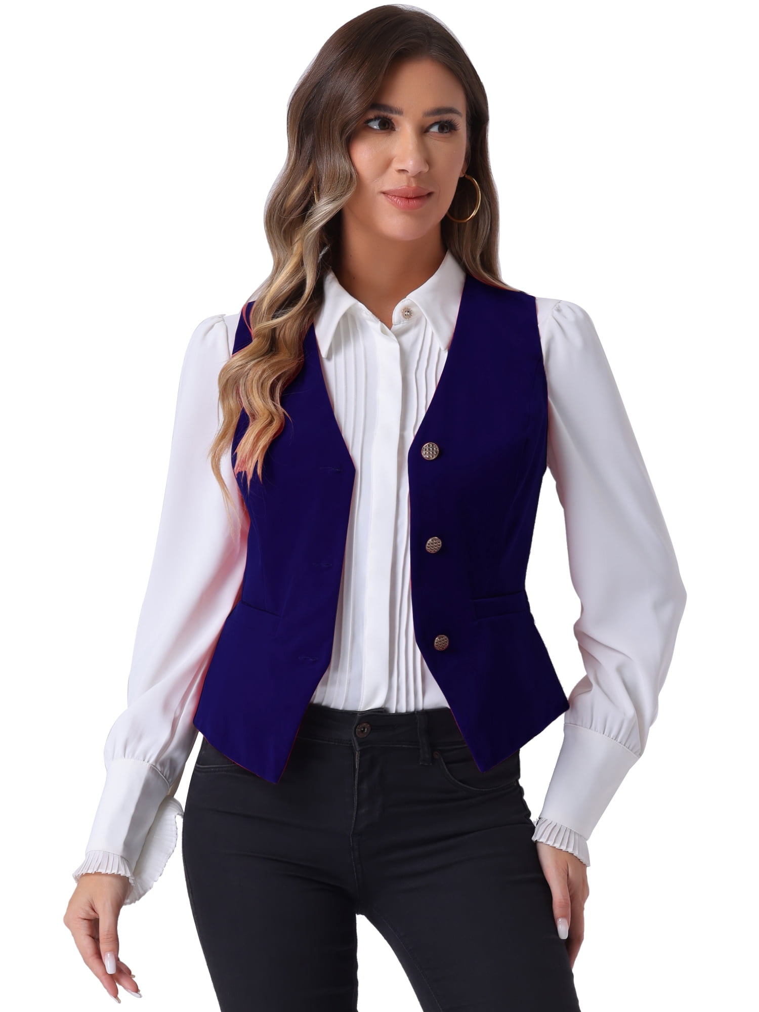 DARING DIVA Women's Vintage Velvet Vest Button Down Steampunk Waistcoat M Royal Blue