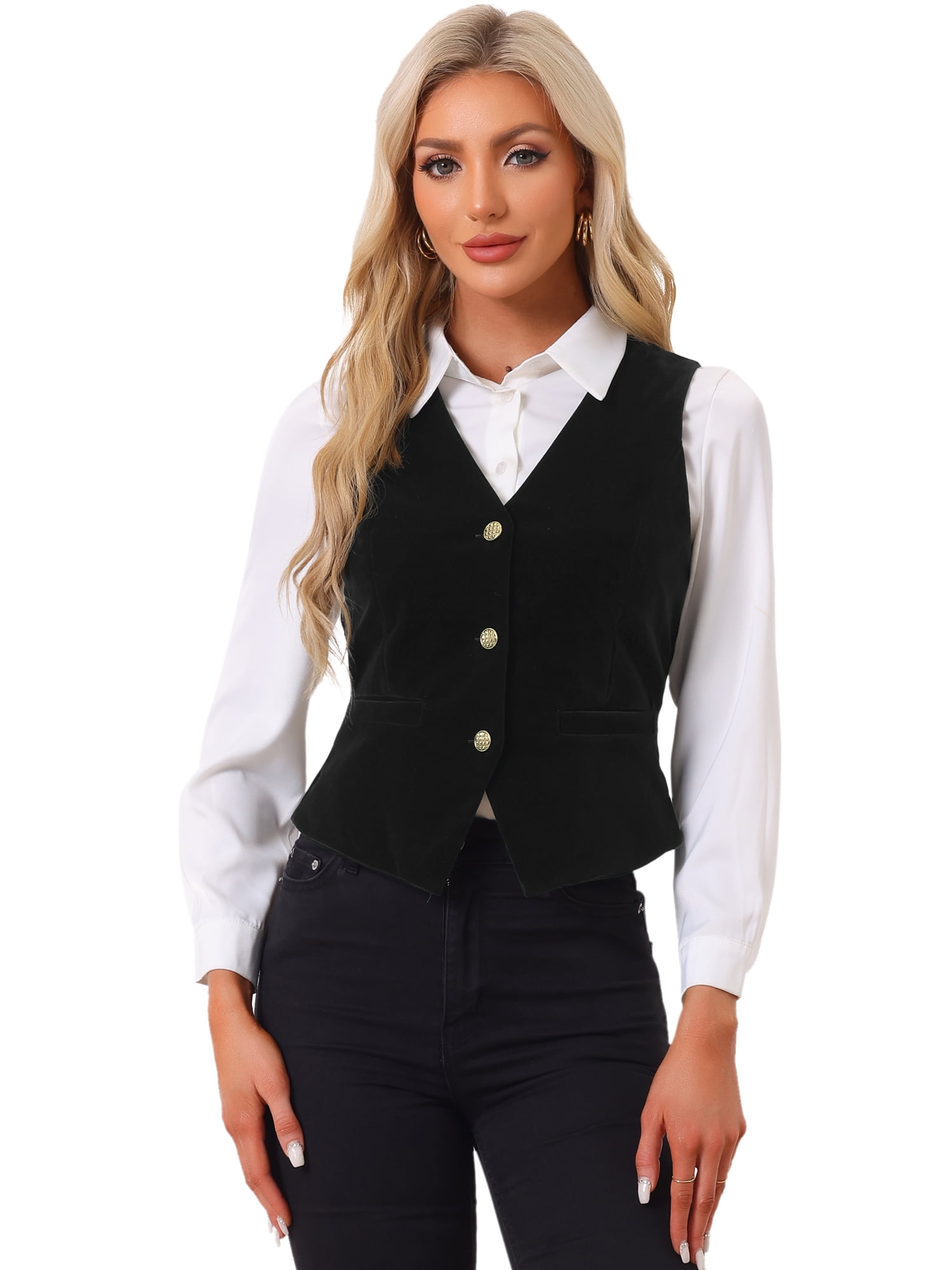 DARING DIVA Women's Vintage Velvet Vest Button Down Steampunk Waistcoat S Black