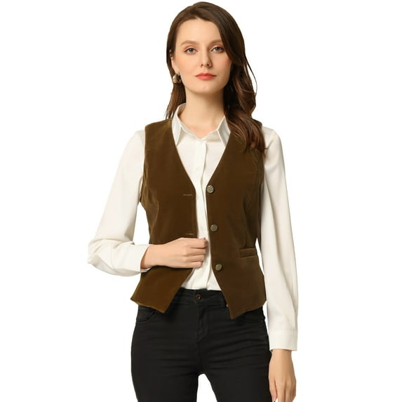 DARING DIVA Women's Vintage Velvet Vest Button Down Steampunk Waistcoat S Brown