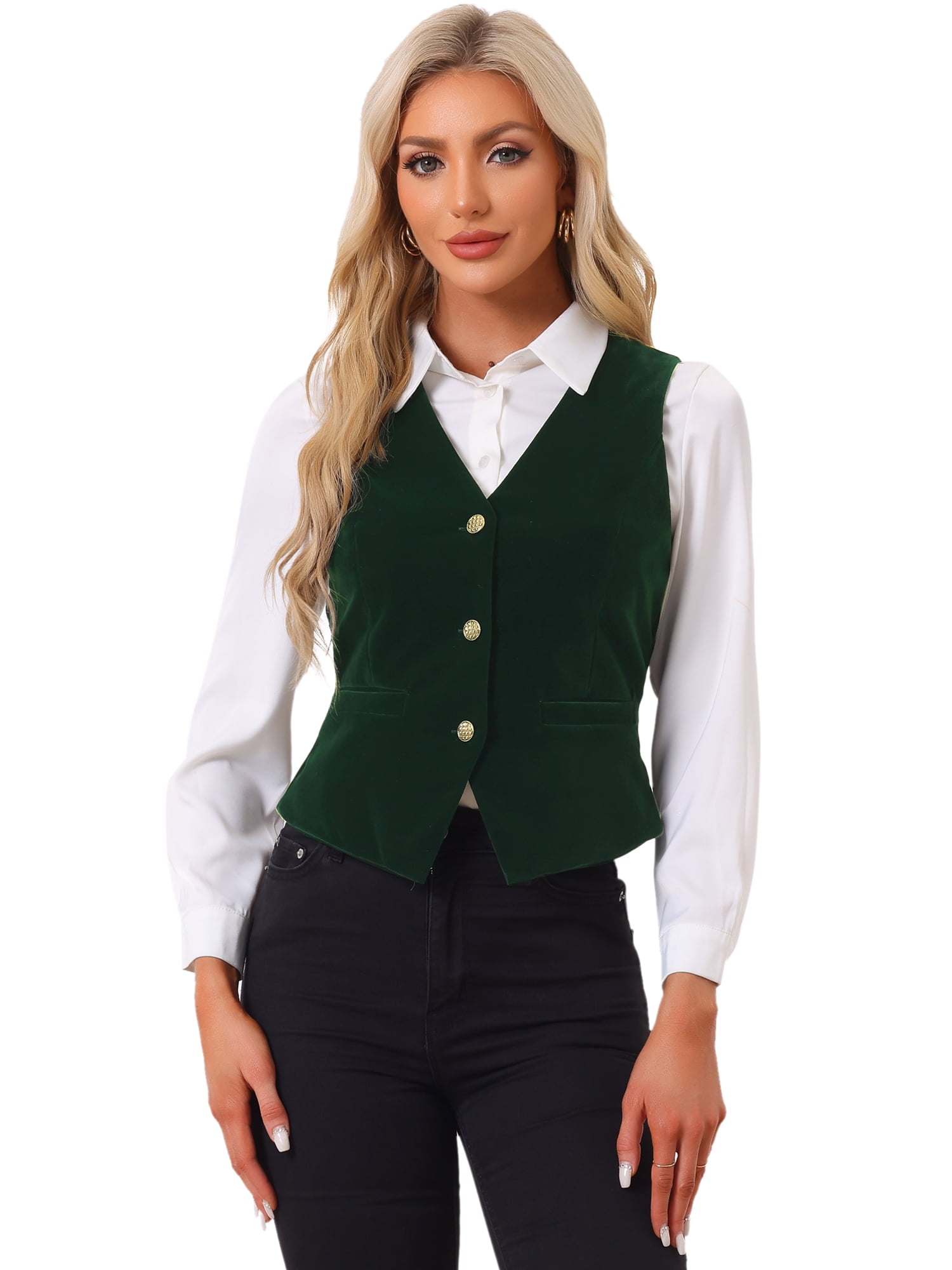 DARING DIVA Women's Vintage Velvet Vest Button Down Steampunk Waistcoat XS Dark Green