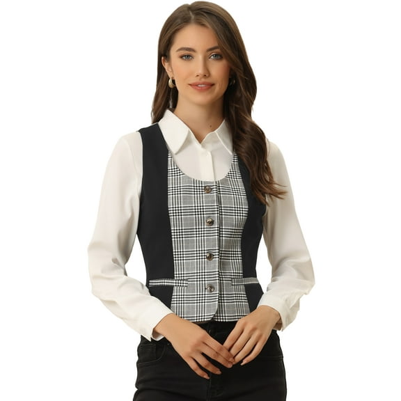 DARING DIVA Women's Vintage Waistcoat Vest Plaid Button Down Vests L Black