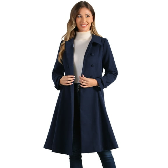DARING DIVA Women's Vintage Winter Coat A Line Double Breasted Overcoat Dark Blue M