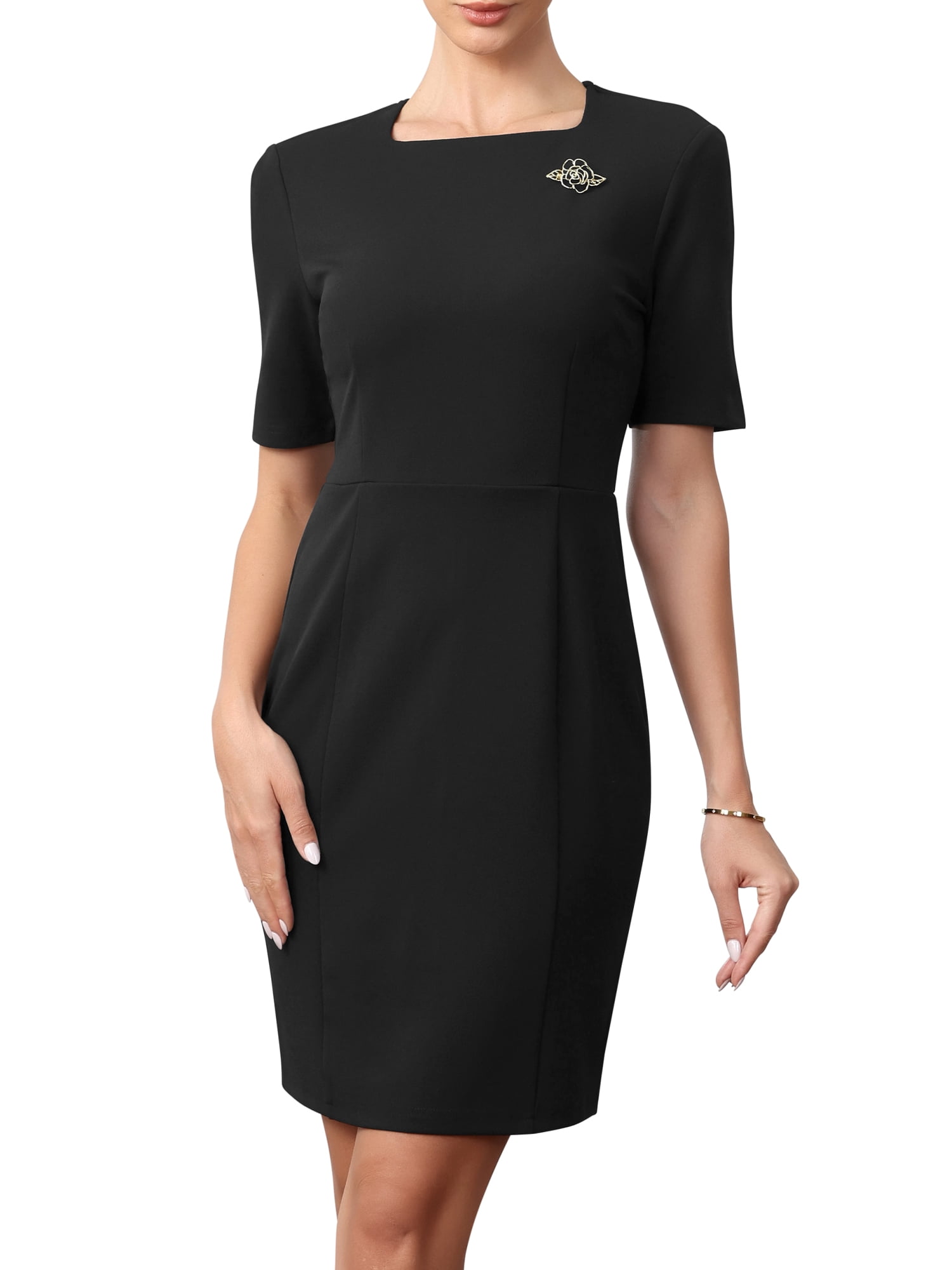 DARING DIVA Women's Vintage Work Short Sleeve Square Neck Sheath Dress S Black