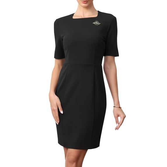 DARING DIVA Women's Vintage Work Short Sleeve Square Neck Sheath Dress XS Black