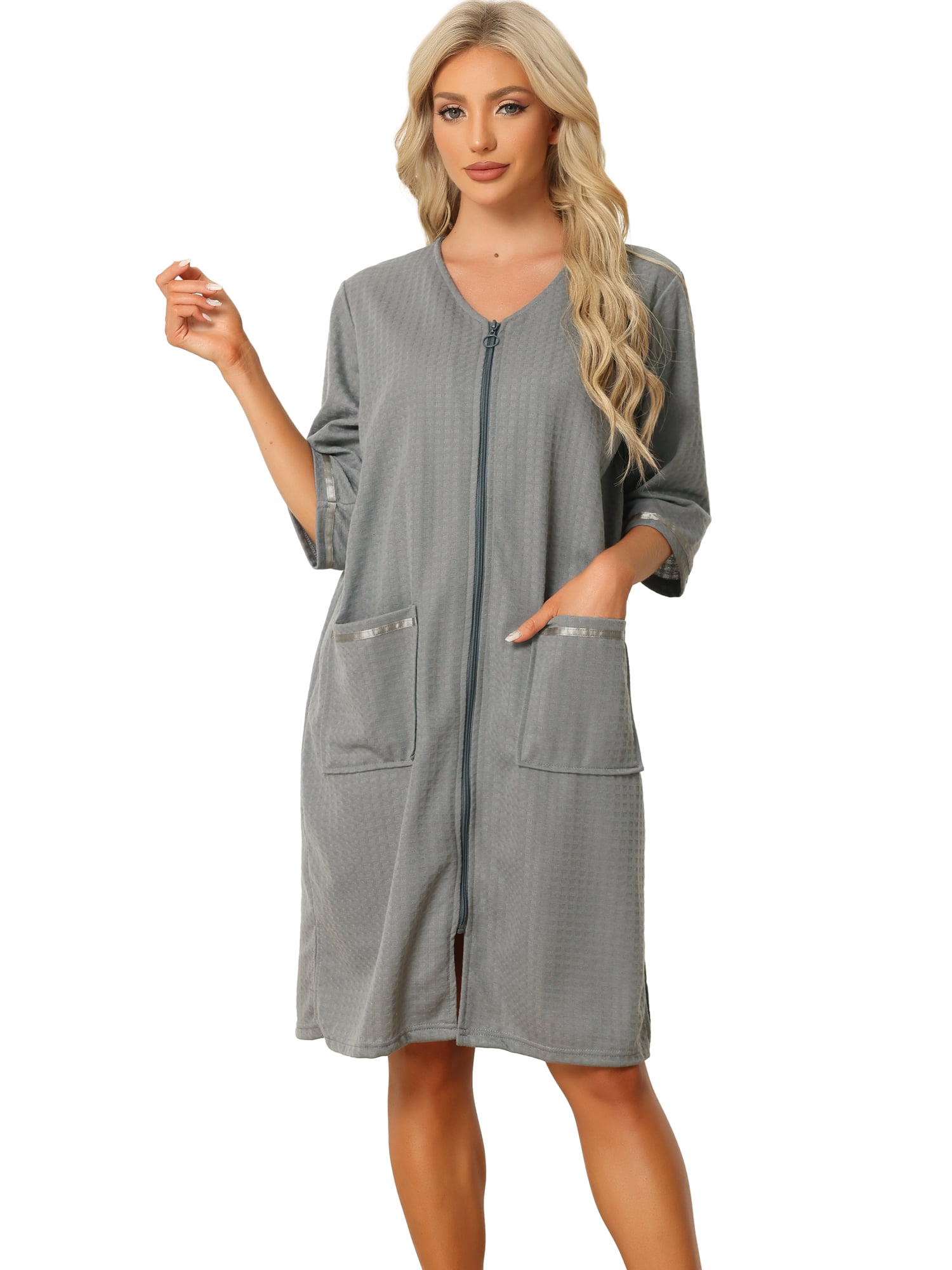 DARING DIVA Women's Waffle 3/4 Sleeves Bathrobe Loungewear Zipper Up Robes L Gray