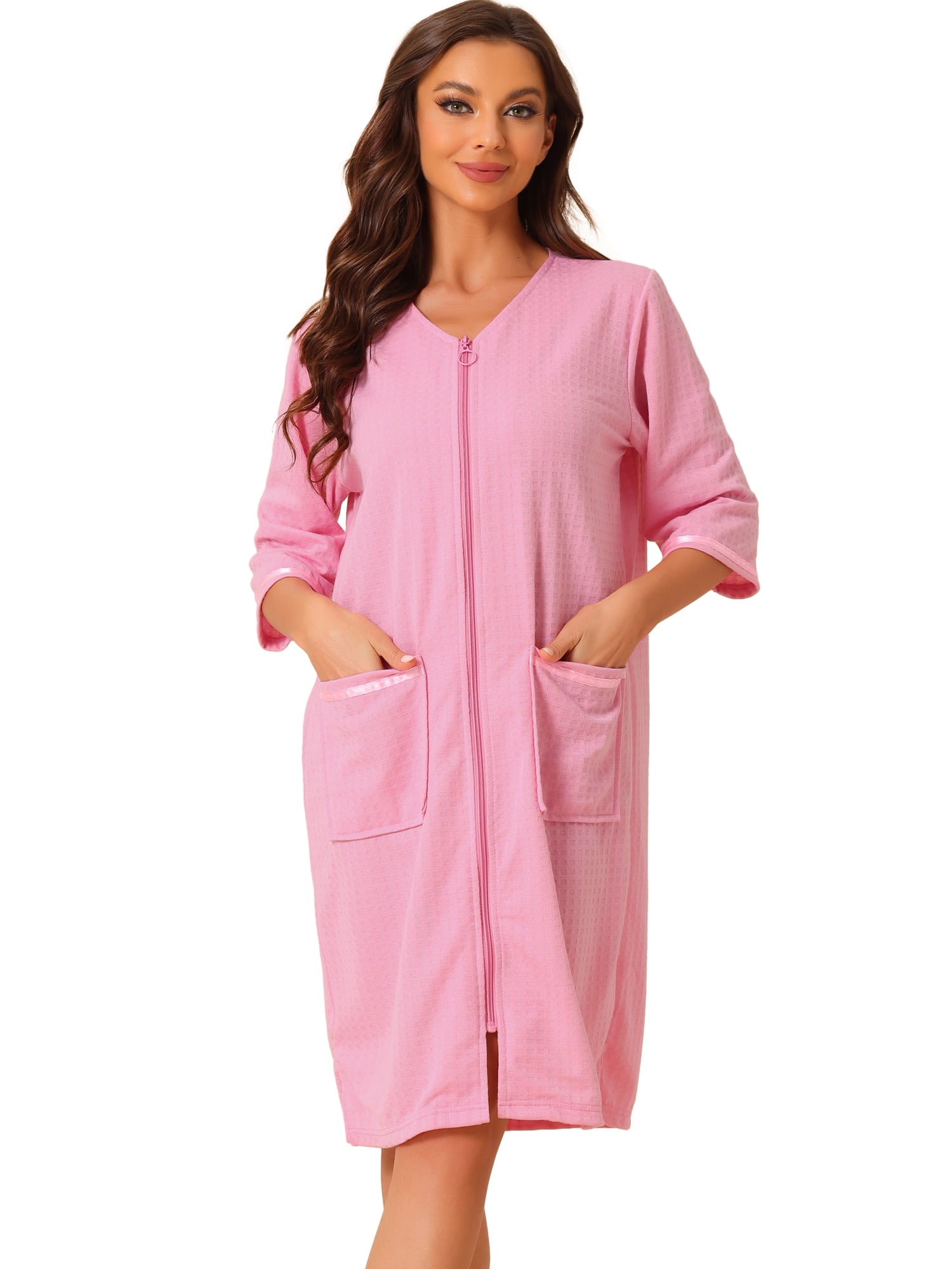 DARING DIVA Women's Waffle 3/4 Sleeves Bathrobe Loungewear Zipper Up Robes L Pink