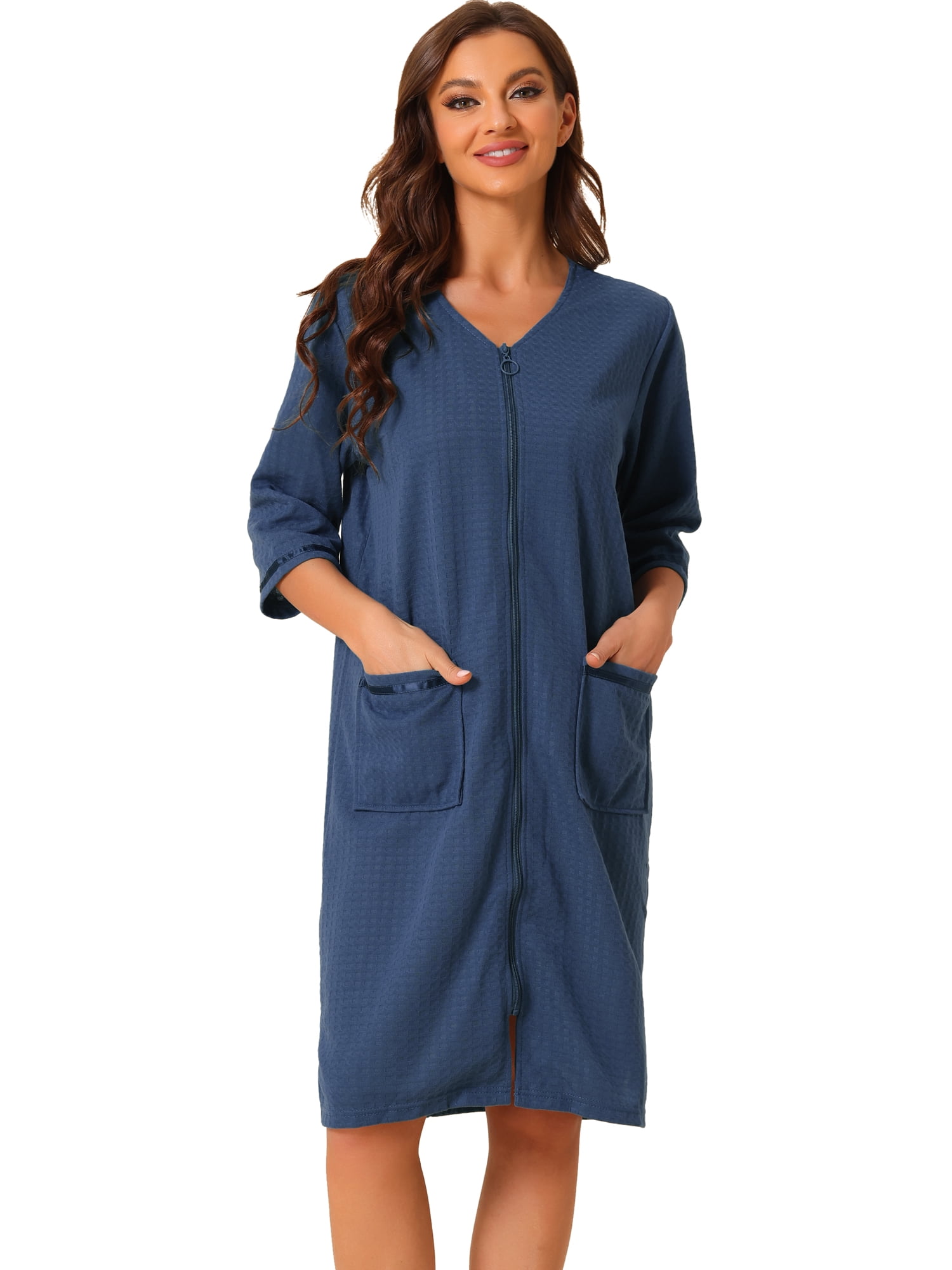 DARING DIVA Women's Waffle 3/4 Sleeves Bathrobe Loungewear Zipper Up Robes M Blue