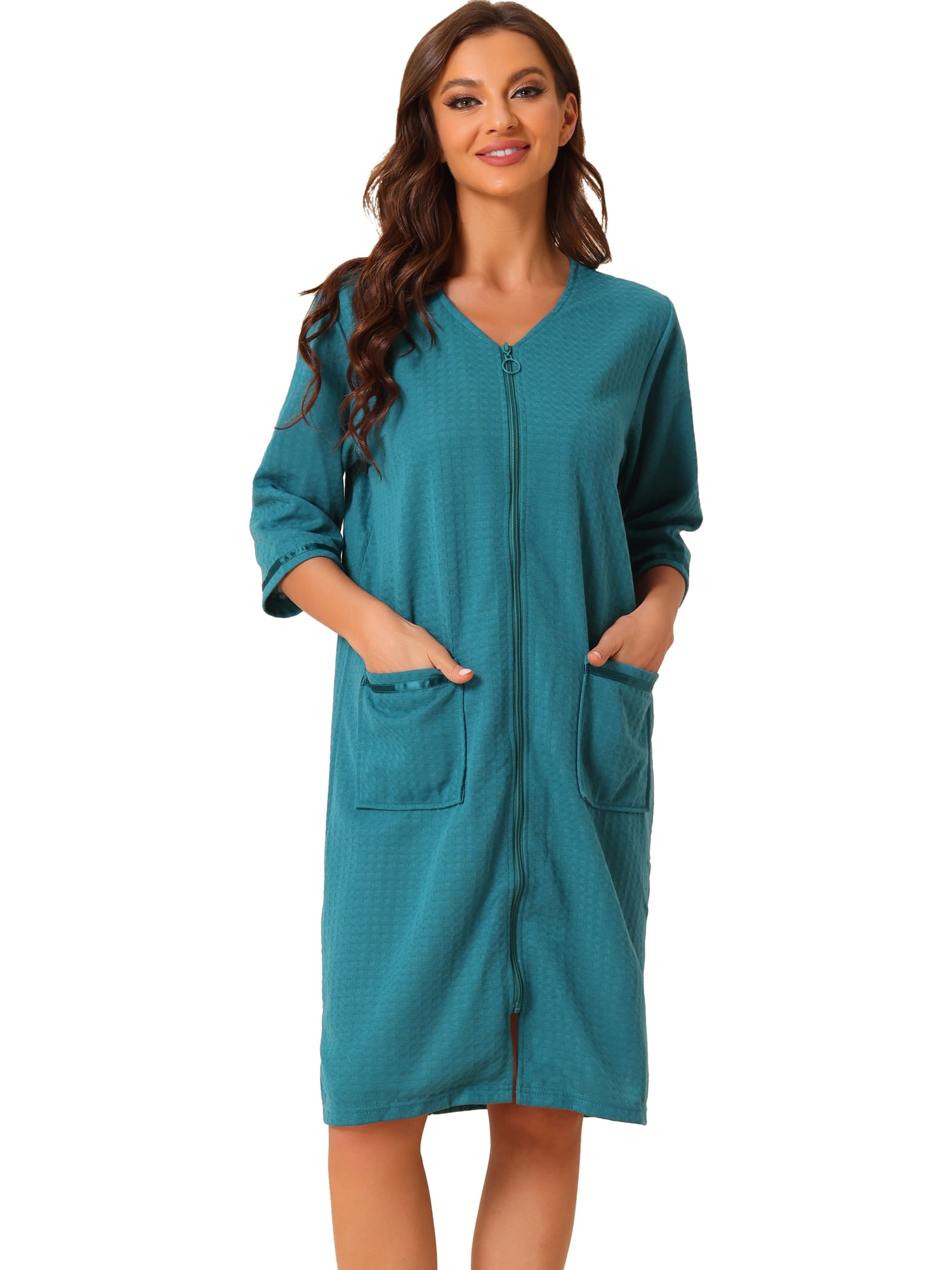 DARING DIVA Women's Waffle 3/4 Sleeves Bathrobe Loungewear Zipper Up Robes S Peacoke Blue