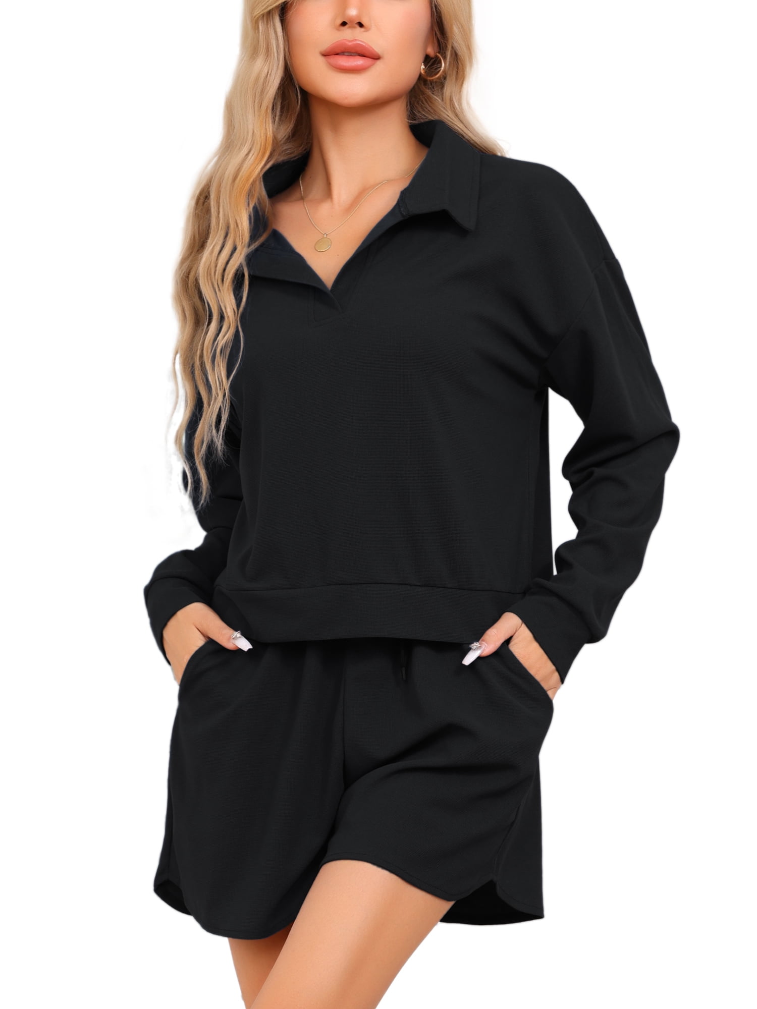 DARING DIVA Women's Waffle Knit Pajama Set Top and Shorts with Pockets Black XL