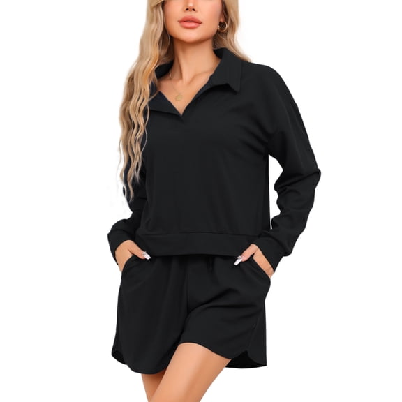 DARING DIVA Women's Waffle Knit Pajama Set Top and Shorts with Pockets Black XS