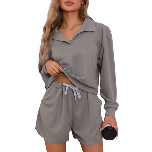DARING DIVA Women's Waffle Knit Pajama Set Top and Shorts with Pockets Gray XS