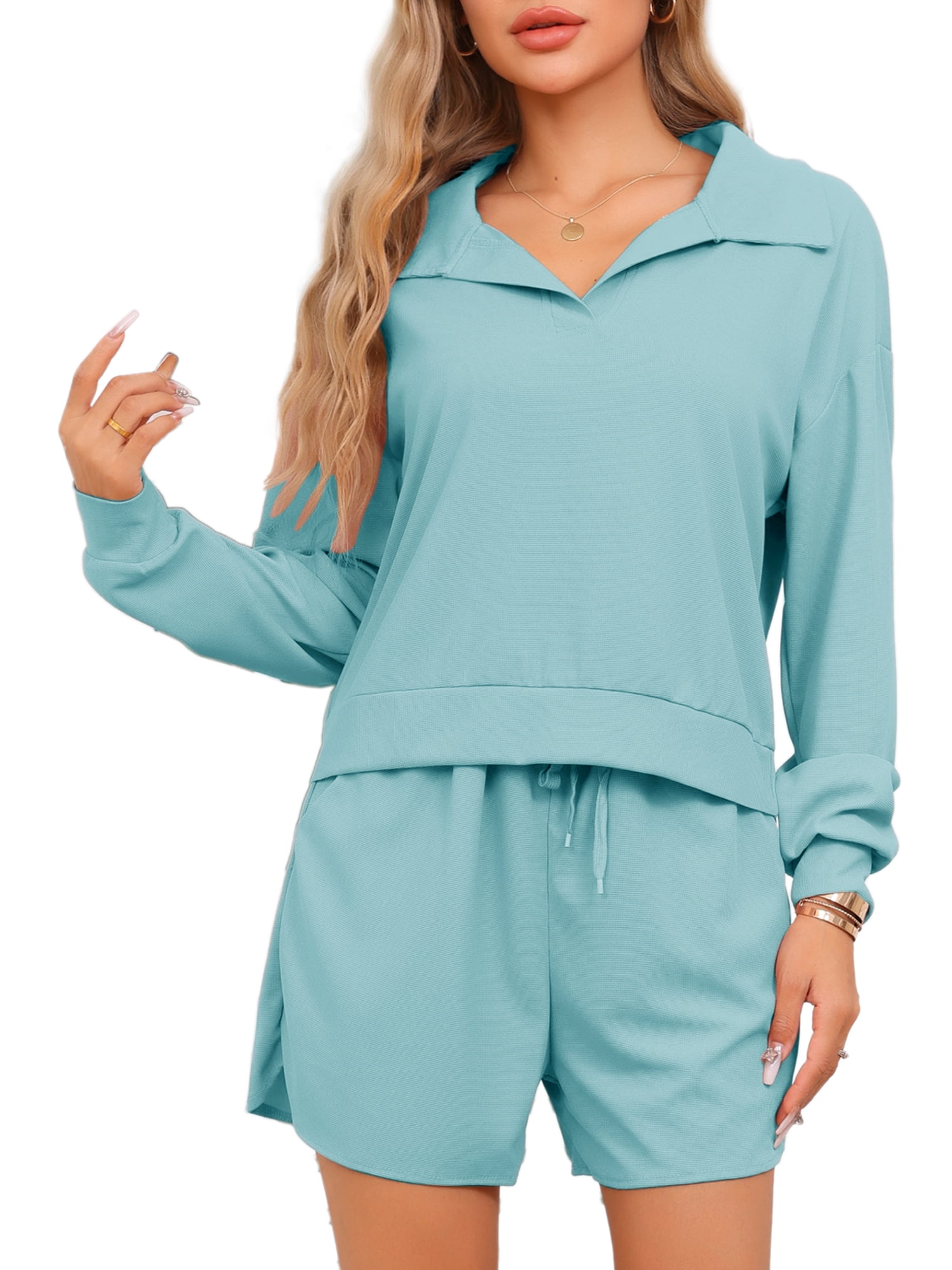 DARING DIVA Women's Waffle Knit Pajama Set Top and Shorts with Pockets Green XS