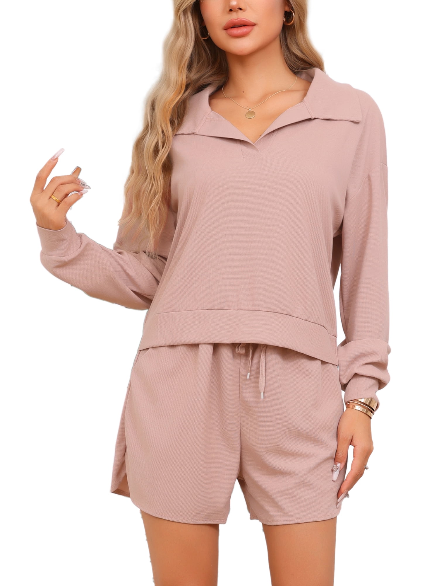 DARING DIVA Women's Waffle Knit Pajama Set Top and Shorts with Pockets Pink XL