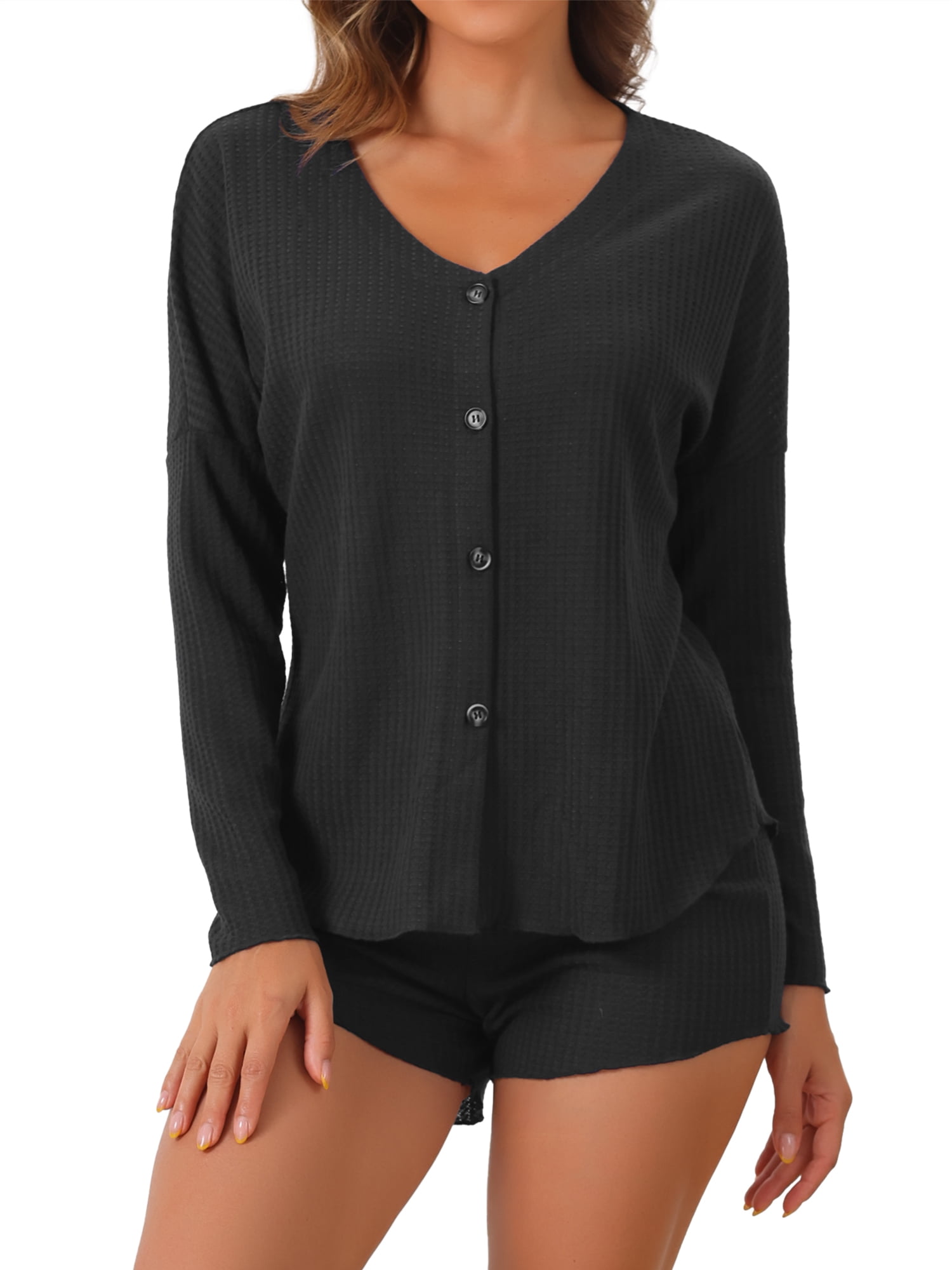 DARING DIVA Women's Waffle Knit Pajama Sets Lounge Set Long Sleeve Top Black XS