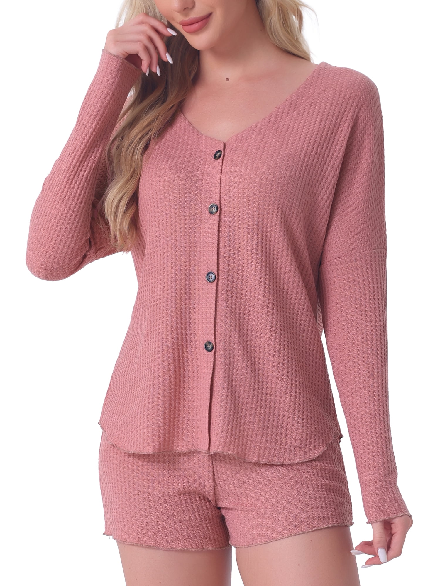 DARING DIVA Women's Waffle Knit Pajama Sets Lounge Set Long Sleeve Top Pink S