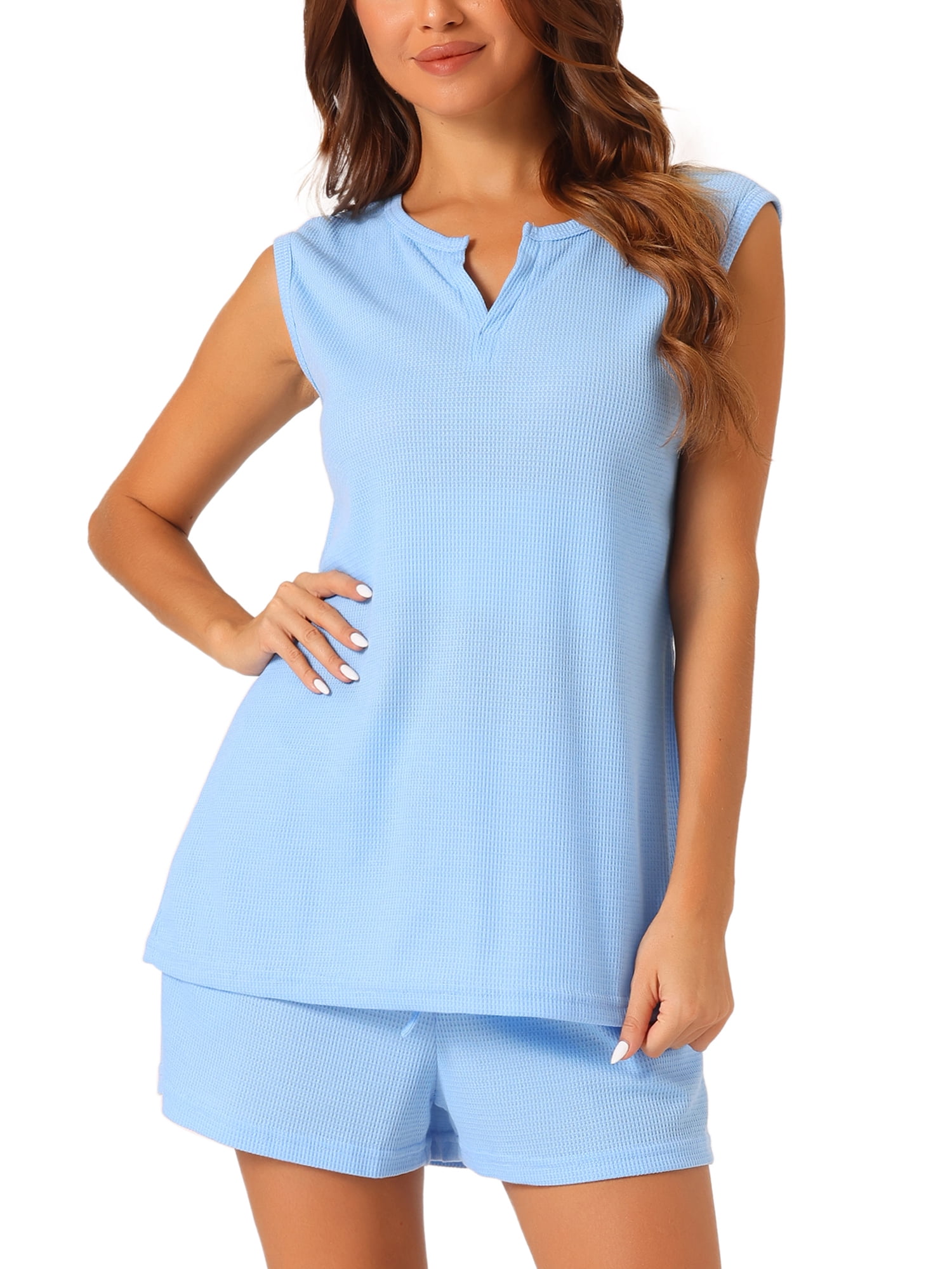 DARING DIVA Women's Waffle Knit Pajama Tank Top and Shorts Lounge Set Sky Blue 3XL