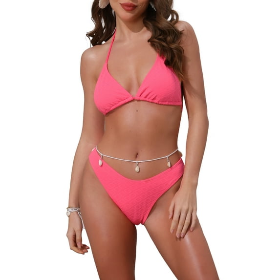 DARING DIVA Women's Waffle Knit Textured Halter Bikini Set Medium Fluorescent Pink
