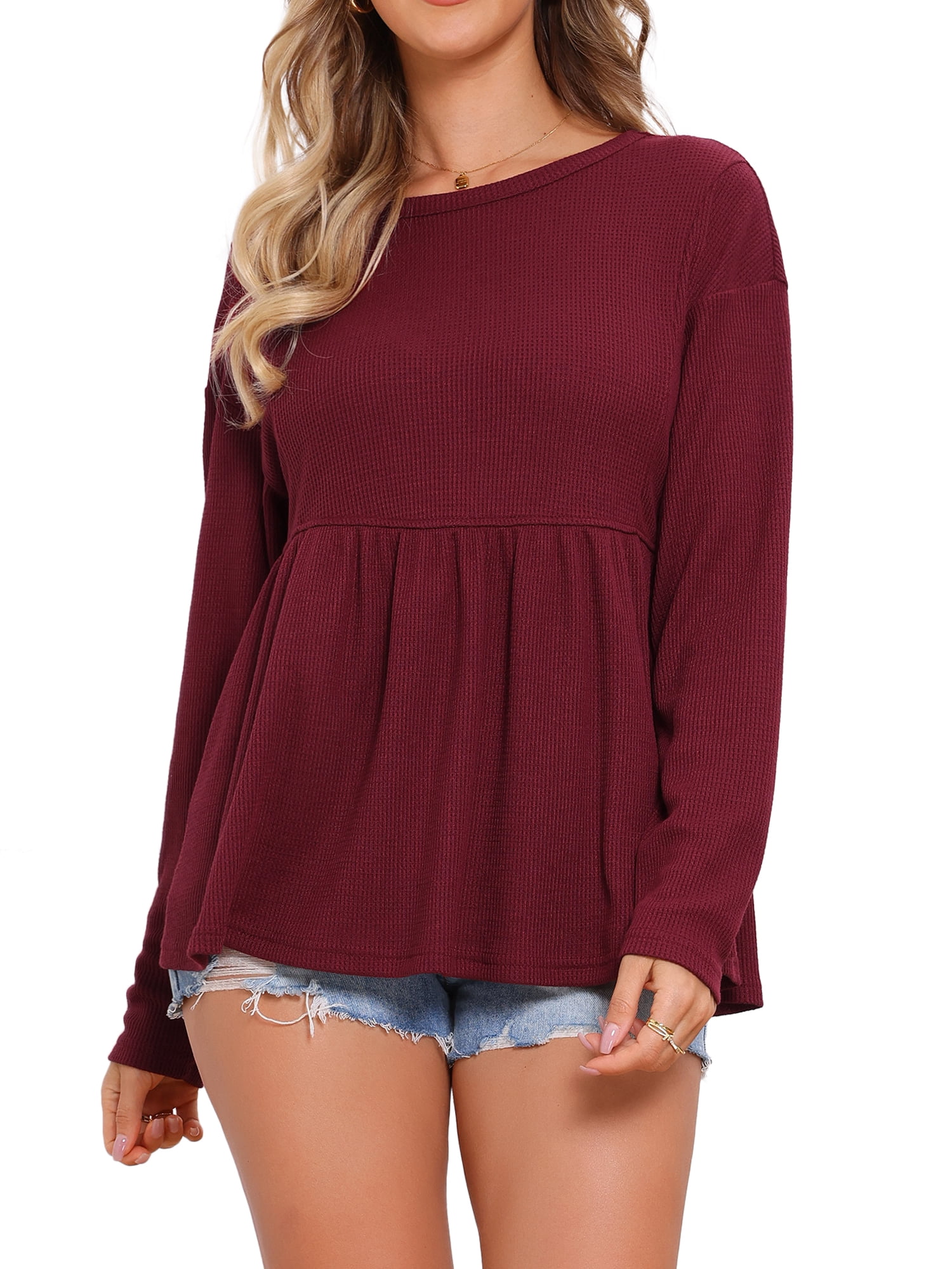 DARING DIVA Women's Waffle Knit Top Long Sleeve Babydoll Peplum Blouses L Burgundy